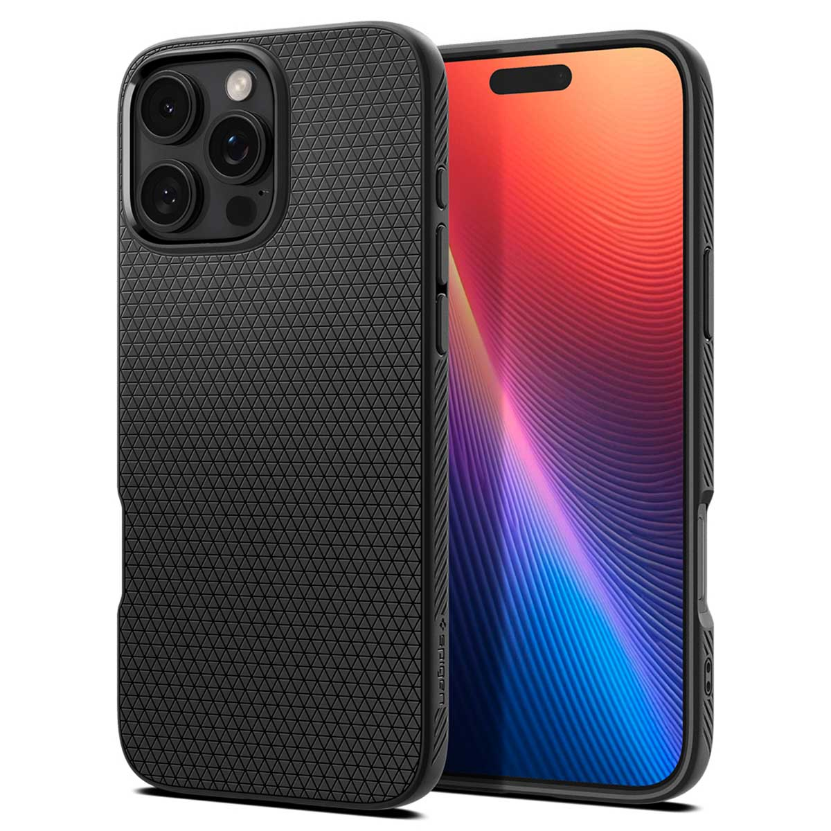 Zwarte telefoonhoes op een telefoon. De hoes heeft een getextureerde achterkant. Het telefoonscherm is zichtbaar.