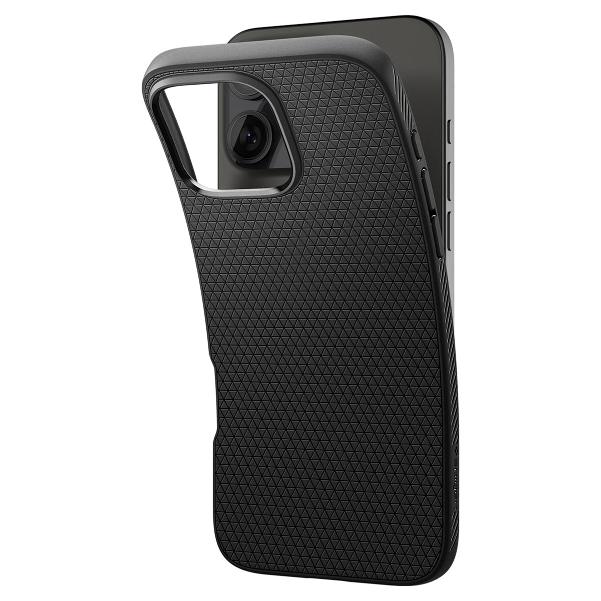 Zwarte telefoonhoes met getextureerde achterkant, met iPhone geplaatst om camera te tonen.