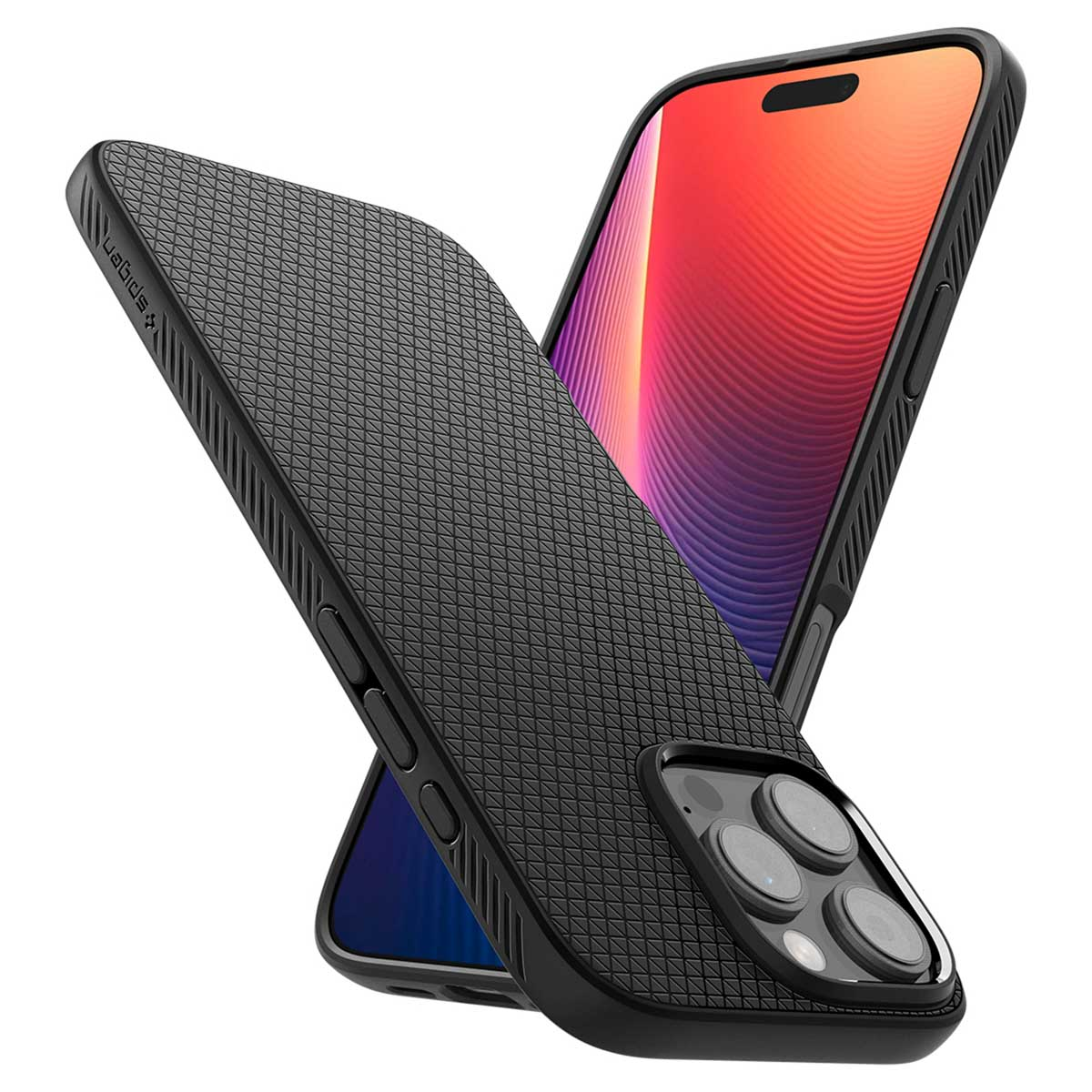 Zwarte telefoonhoes met telefoon. De telefoon is zwart en heeft een camera.