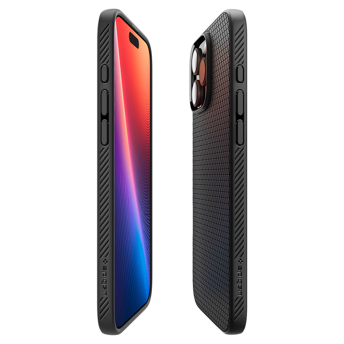Twee zwarte iPhone-hoesjes die verschillende hoeken laten zien. Eén met hoesje, de andere zonder hoesje die de telefoon laat zien.