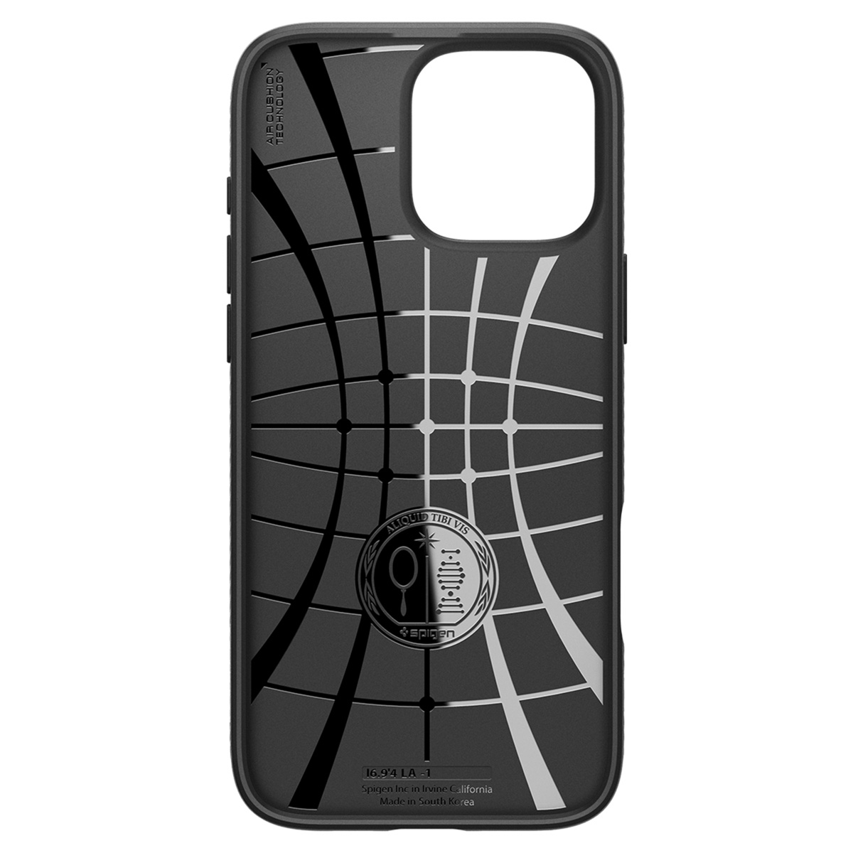 Zwarte telefoonhoes met rasterontwerp en een cirkelvormig embleem in het midden.