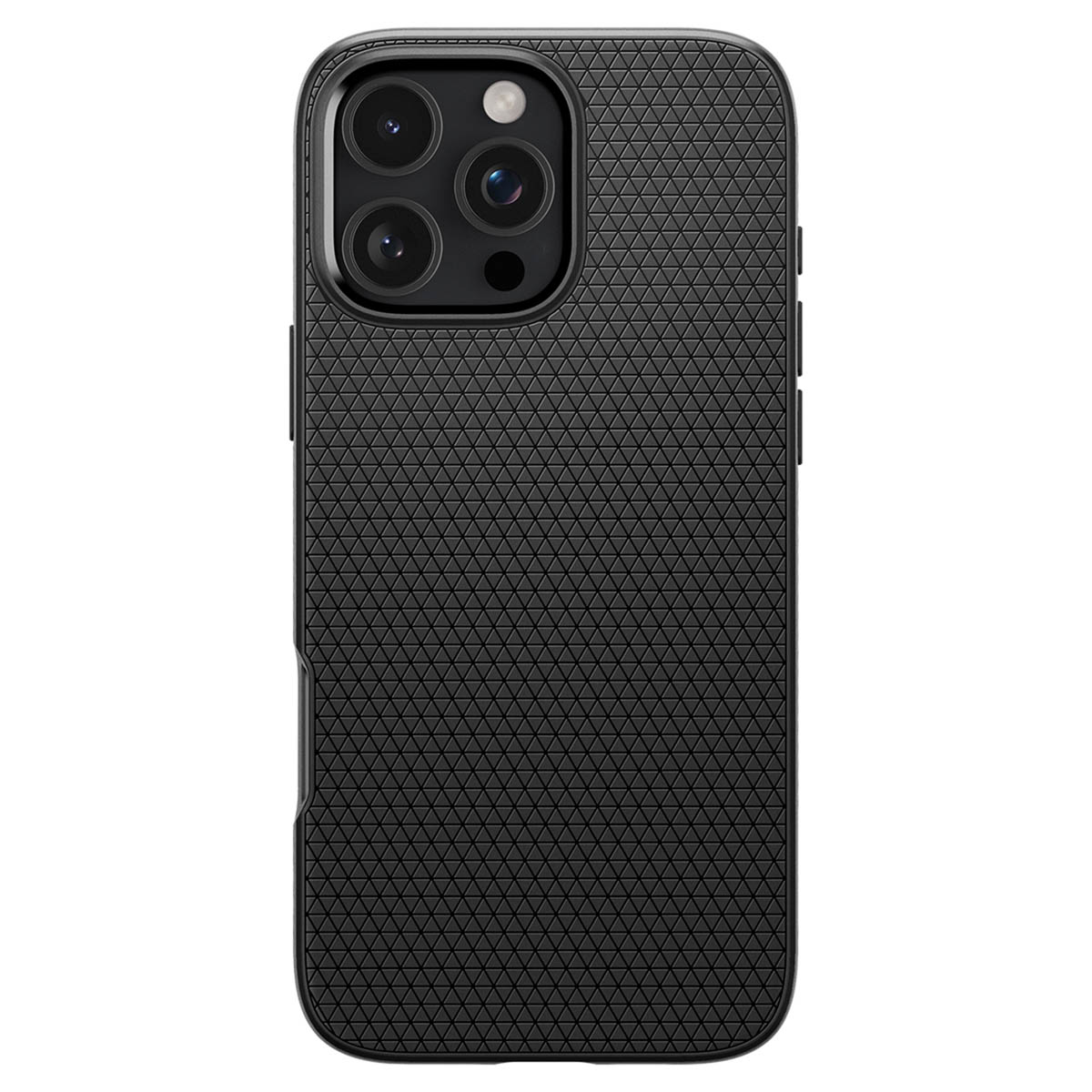 Zwarte telefoonhoes met een textuur aan de achterkant en cameralenzen bovenaan.