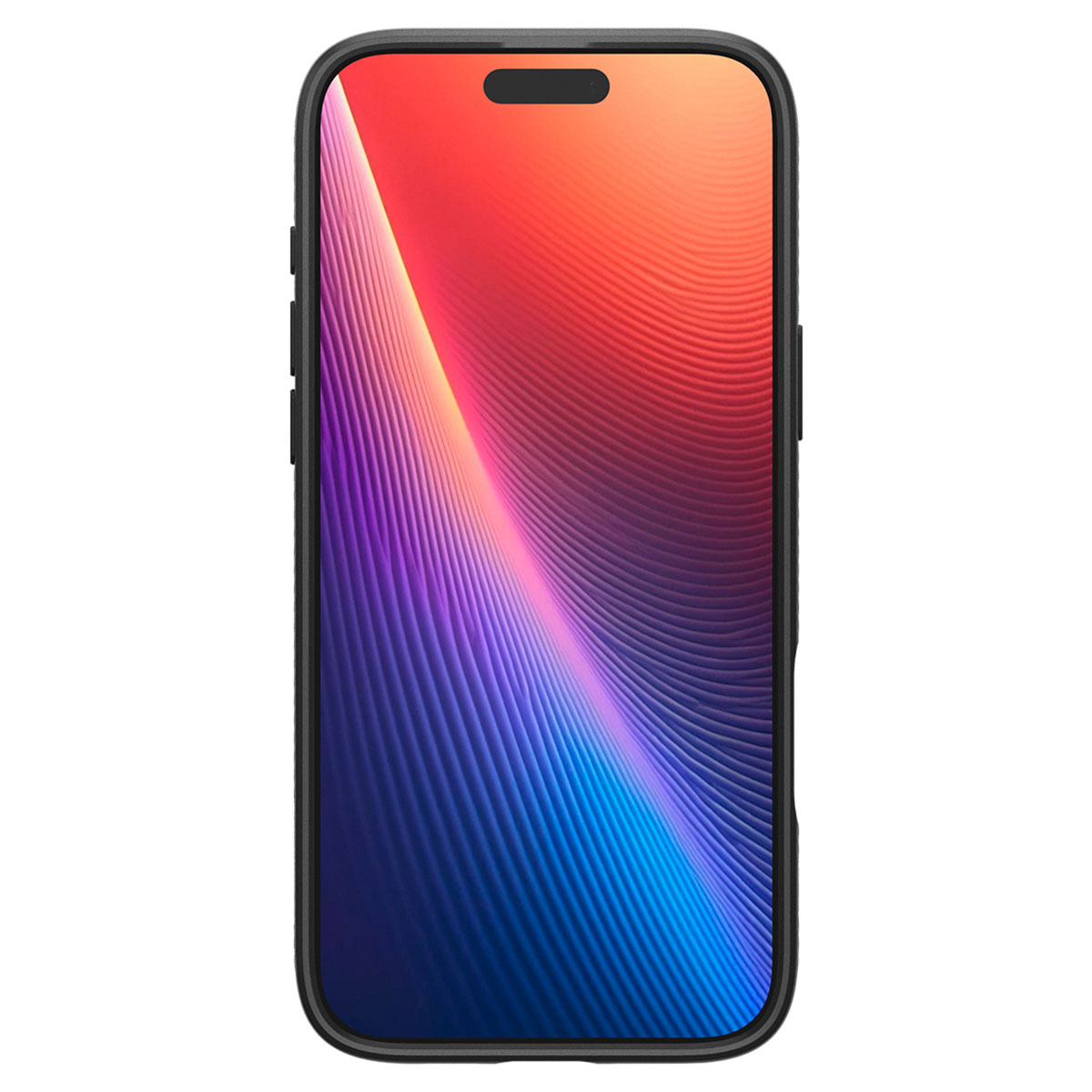 Zwarte telefoonhoes met een scherm dat een kleurrijke, abstracte achtergrond toont.