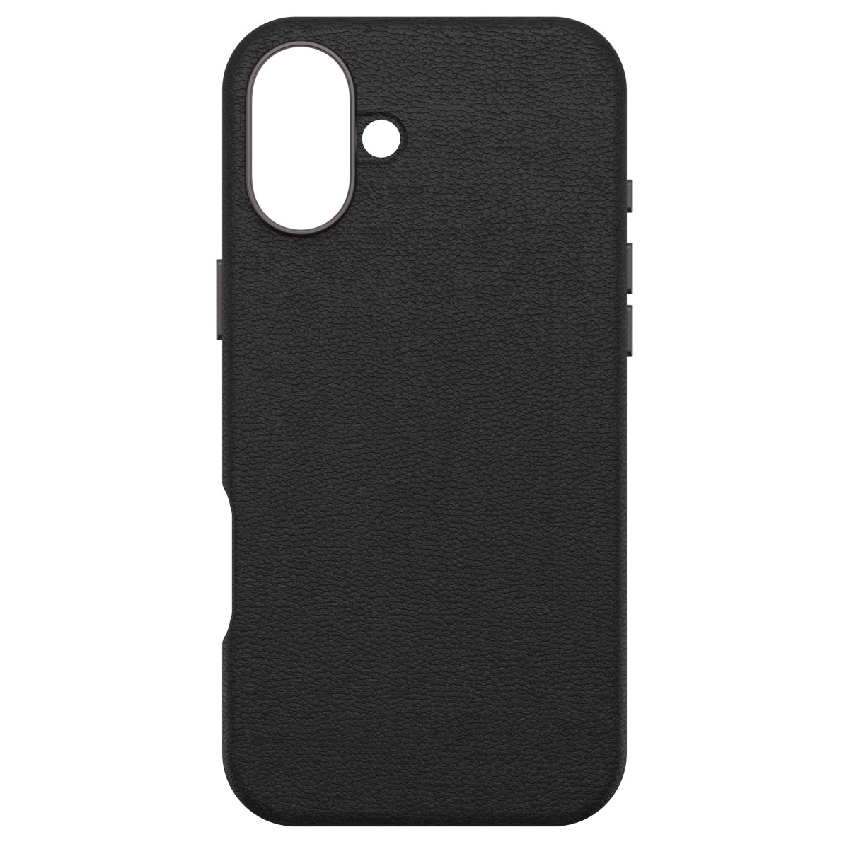Zwarte telefoonhoes met een gladde textuur. Camera-opening en zijknoppen zijn zichtbaar.