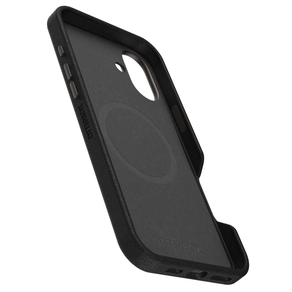 Interieur van de zwarte telefoonhoes. Otterbox-logo is zichtbaar aan de achterkant.