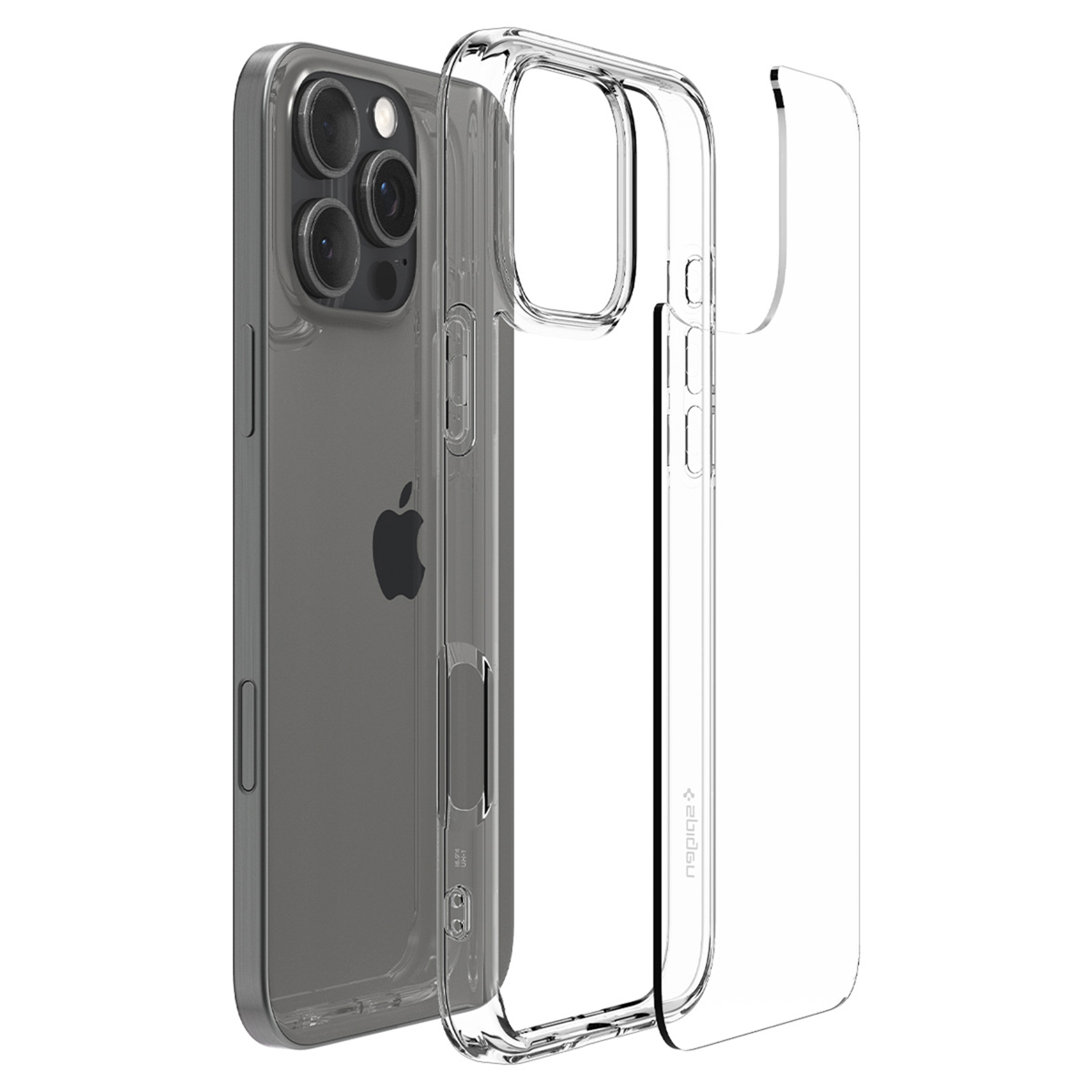 Przezroczyste etui na telefon obok telefonu. Etui jest przezroczyste, a telefon ma logo Apple.