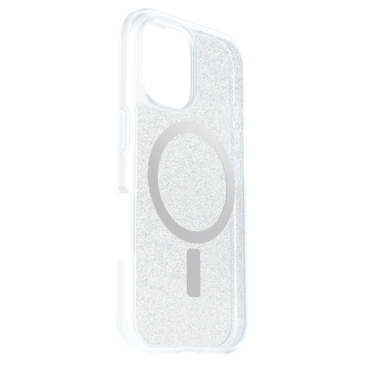 Coque de téléphone transparente avec effet pailleté, un anneau et zone de charge magnétique.