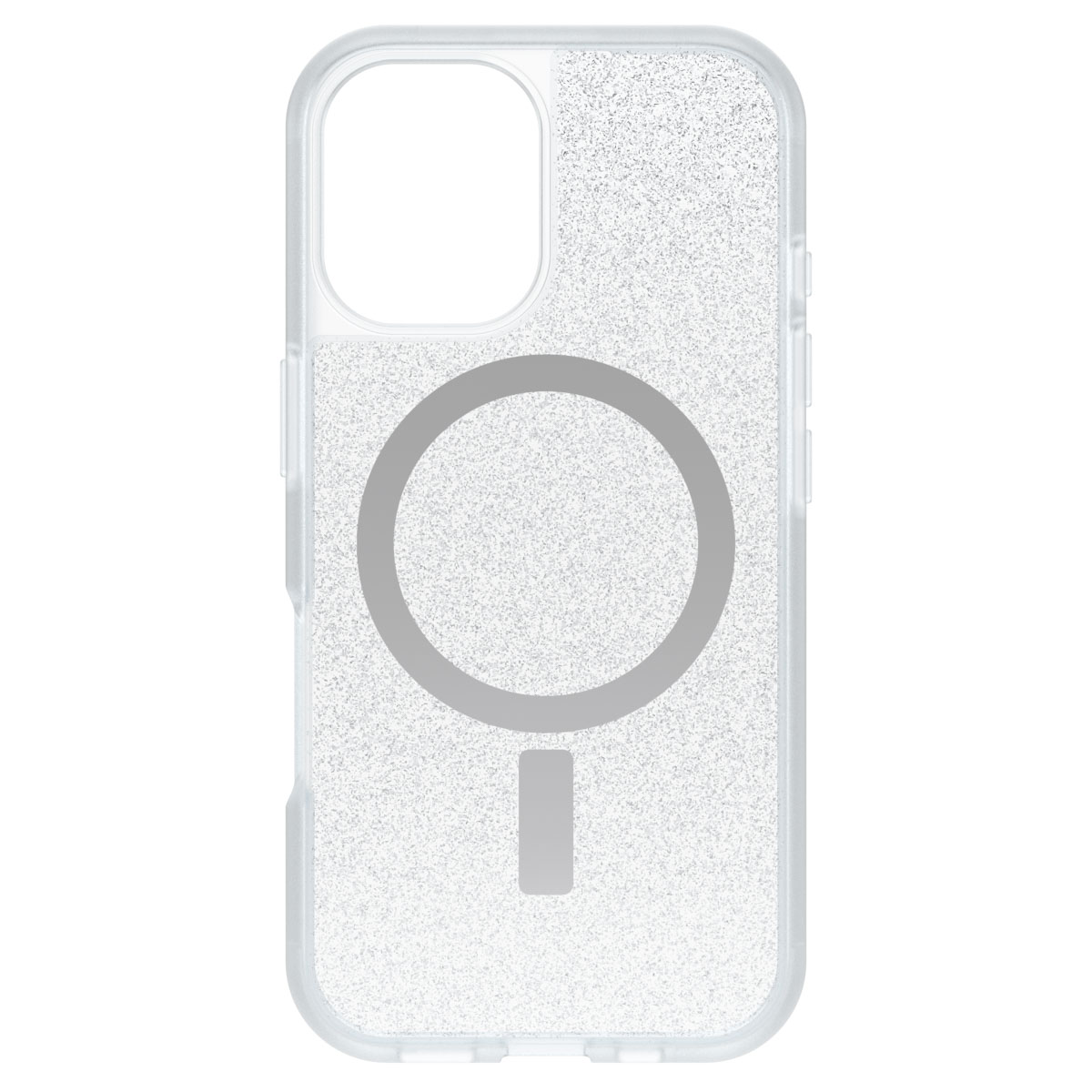 Coque de téléphone transparente avec paillettes. L'étui a un cercle gris.