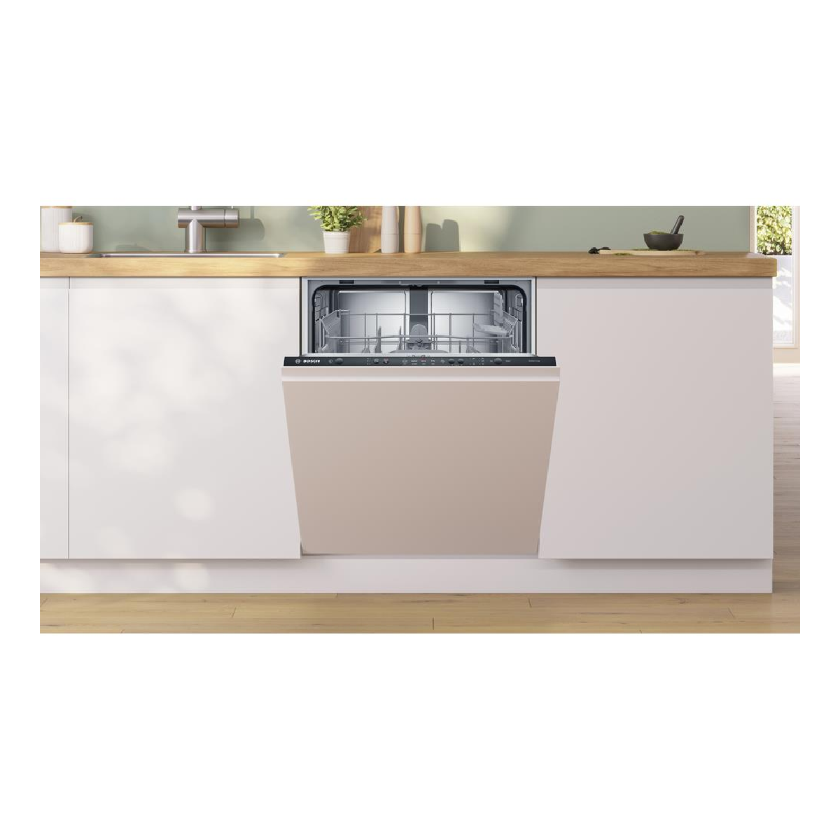 Nowoczesna zmywarka, częściowo otwarta, z beżowymi drzwiami, wbudowana w szafkę kuchenną.