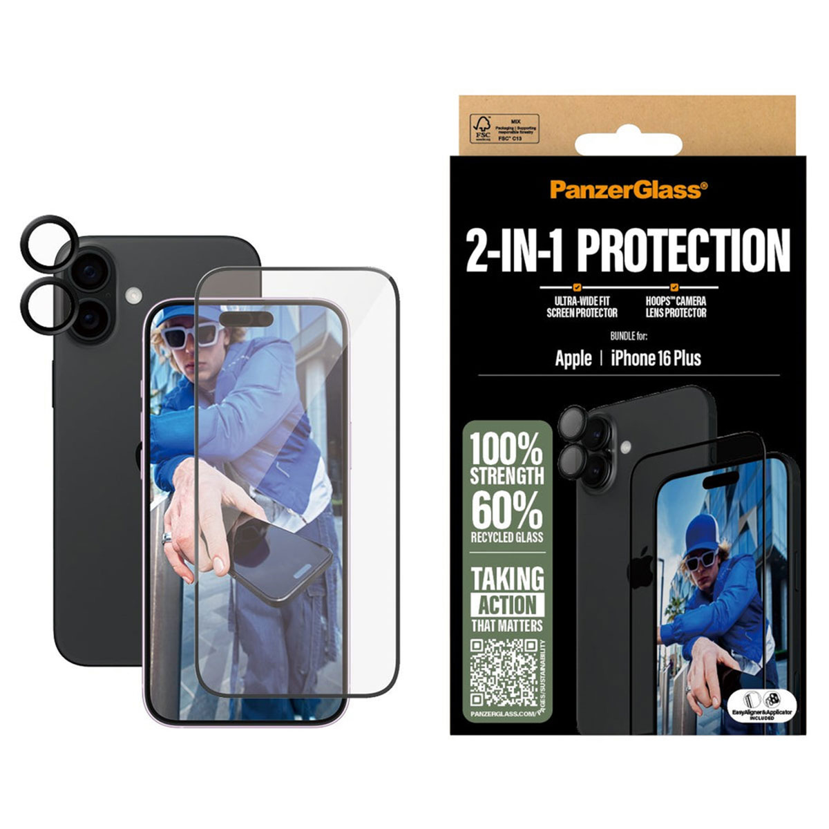Confezione con telefono, protezione schermo e protezione lente fotocamera. Il testo recita 'Protezione 2 in 1'.