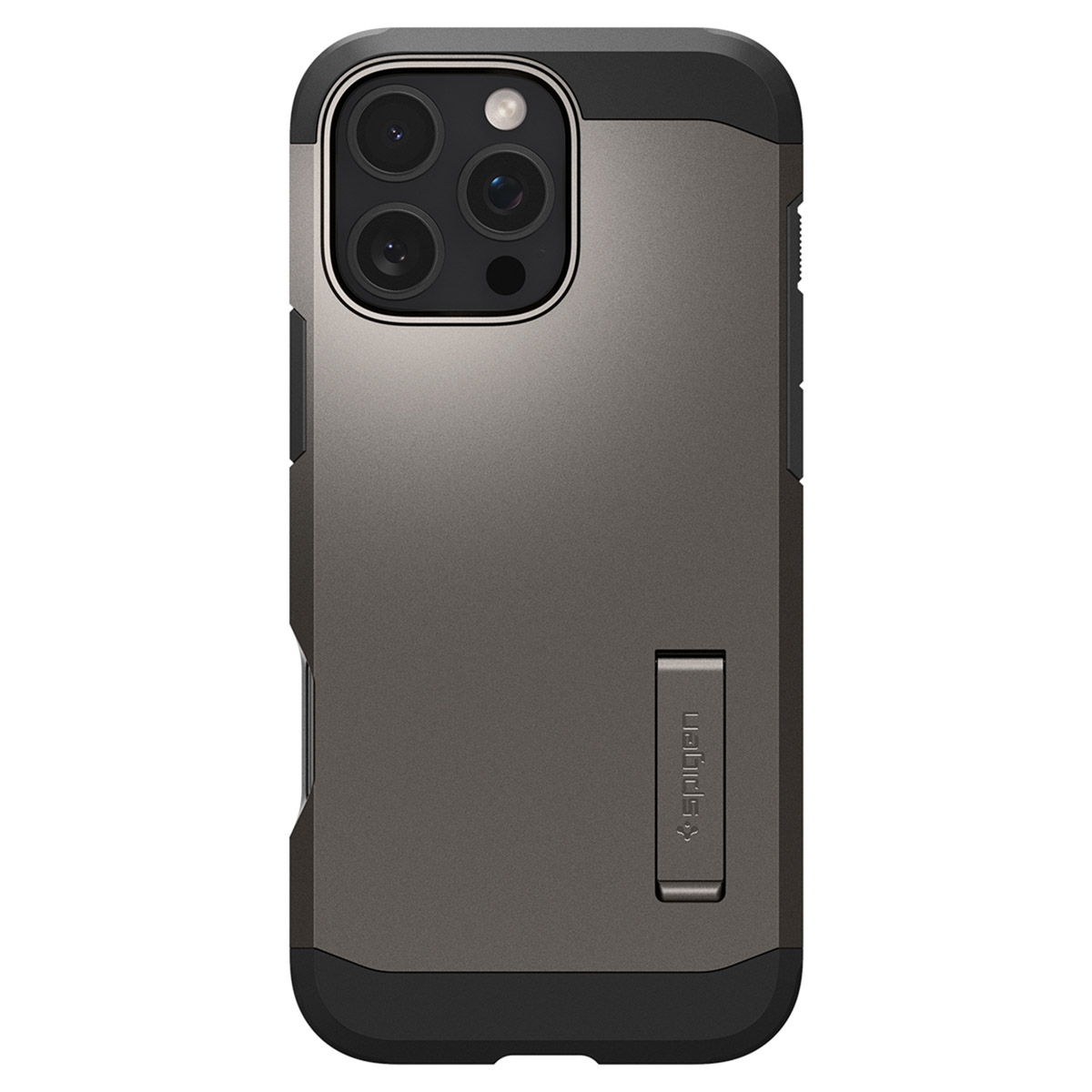 Custodia per telefono con un design grigio e nero. Il logo Spigen si trova in basso a destra.