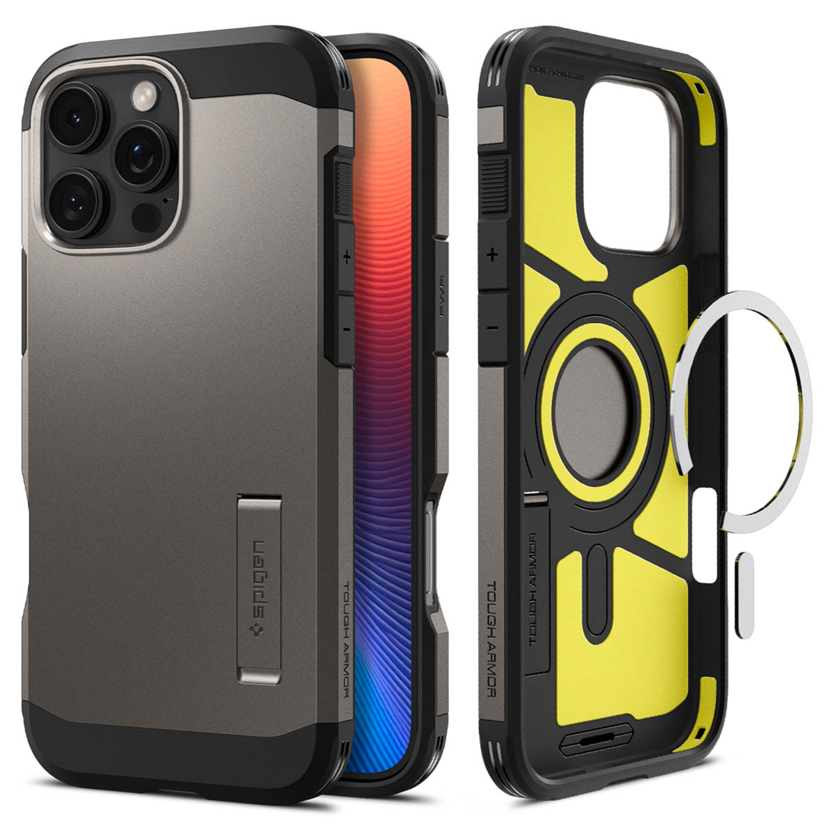Custodia per telefono in tre viste. Grigia e nera, con interno giallo e supporto. Il telefono è visibile al centro.