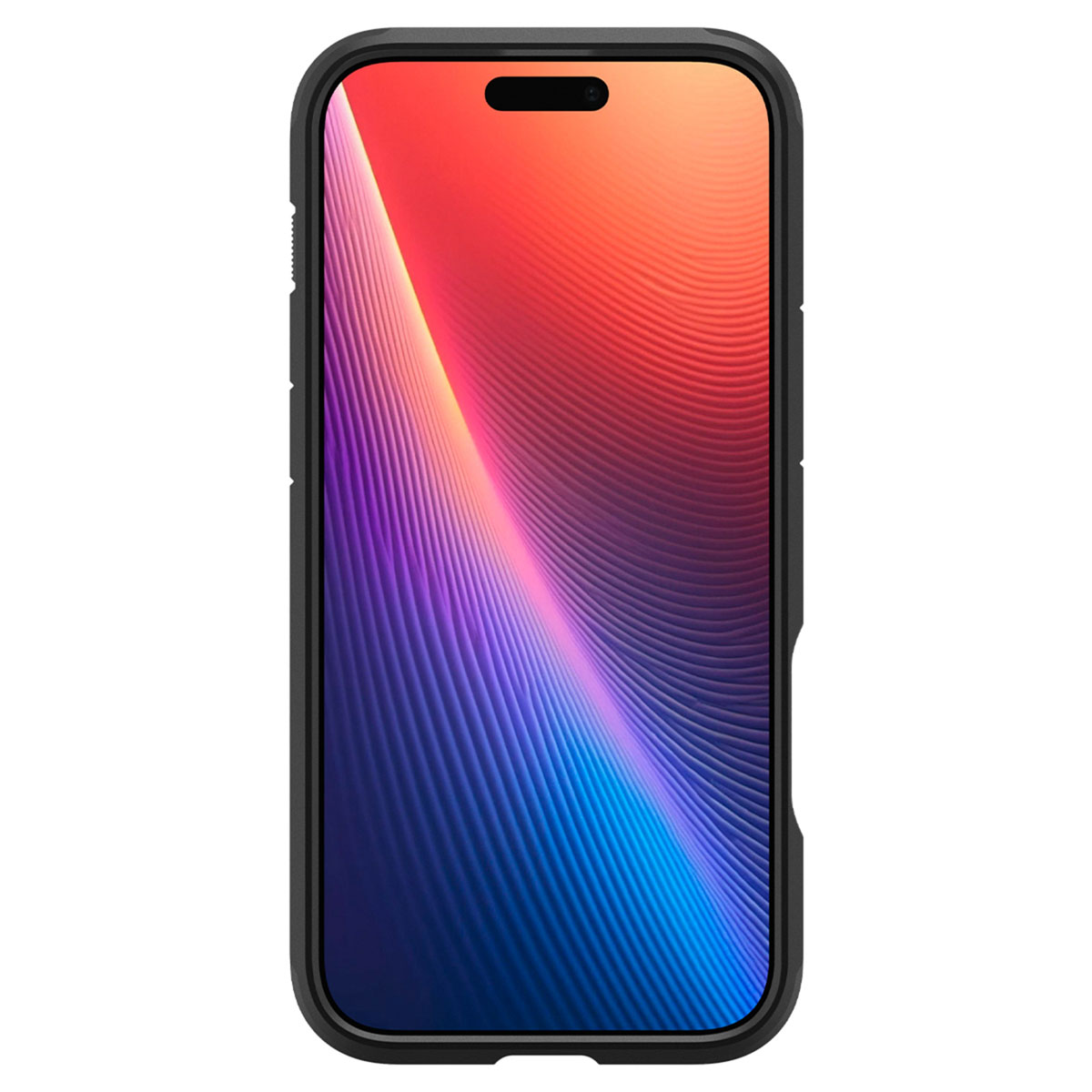 Telefono in una custodia nera. Lo schermo ha un design a onde con colori vivaci.
