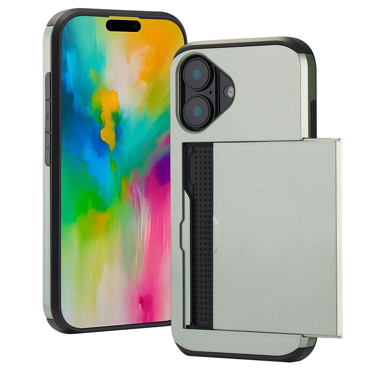 Twee telefoons in hoesjes, een met een kleurrijke afbeelding, de andere met een kaarthouder.