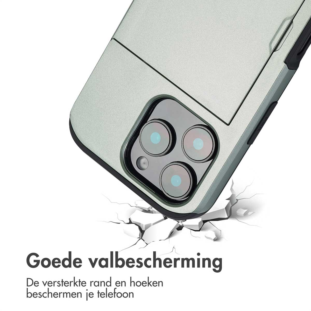 Telefoonhoesje op een oppervlak met scheuren. Tekst: Goede valbescherming. Zwarte achtergrond.