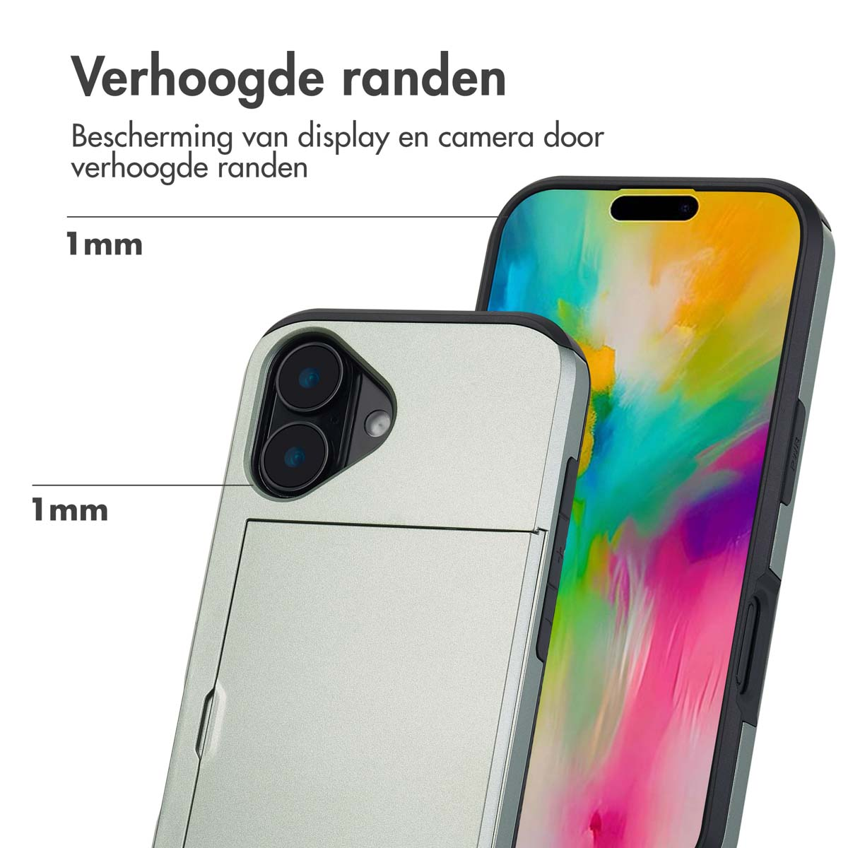 Telefoonhoesje met een telefoon erin, met verhoogde randen voor scherm- en camerabescherming.