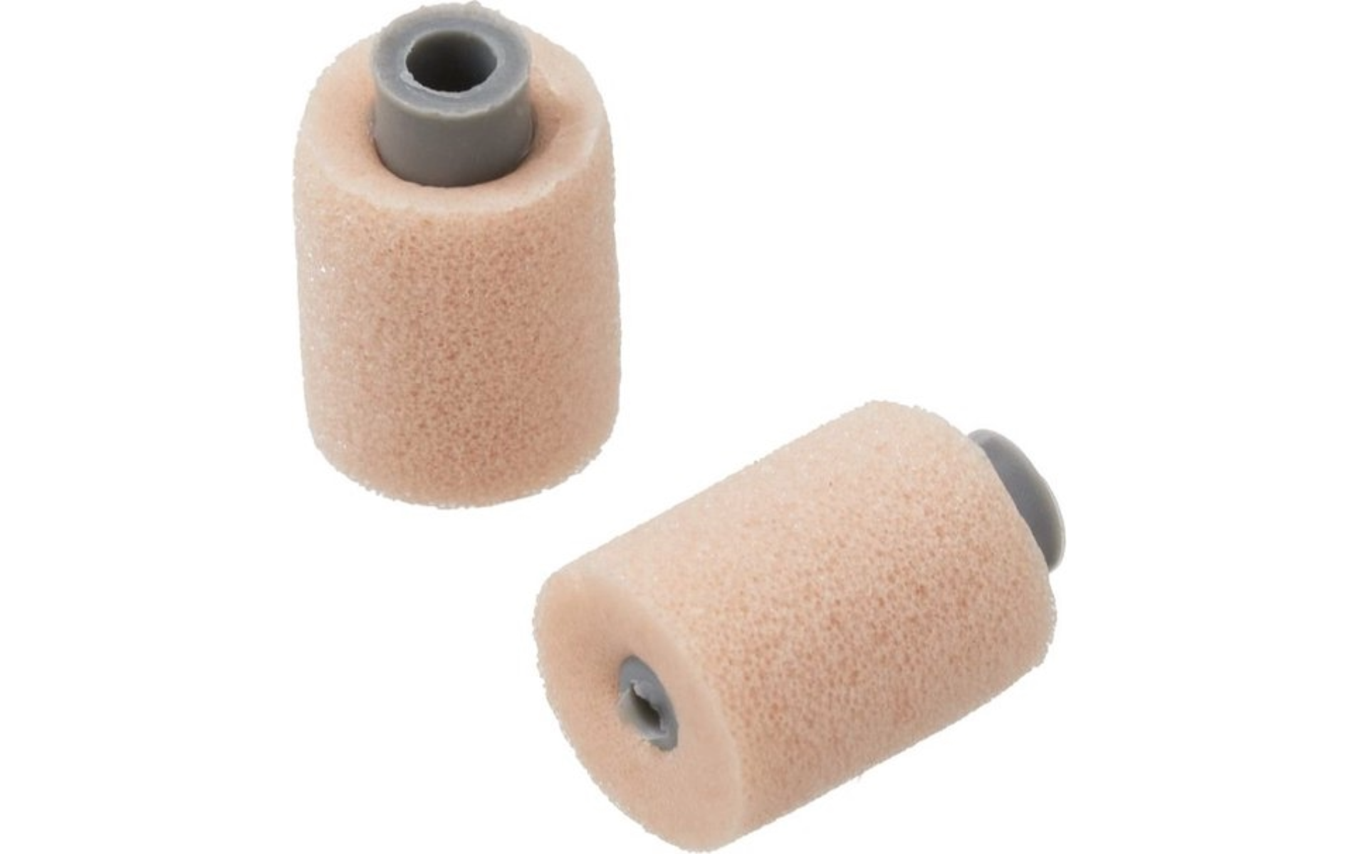 Twee kleine, cilindrische, perzik kleurige schuimrollen met grijze plastic uiteinden.