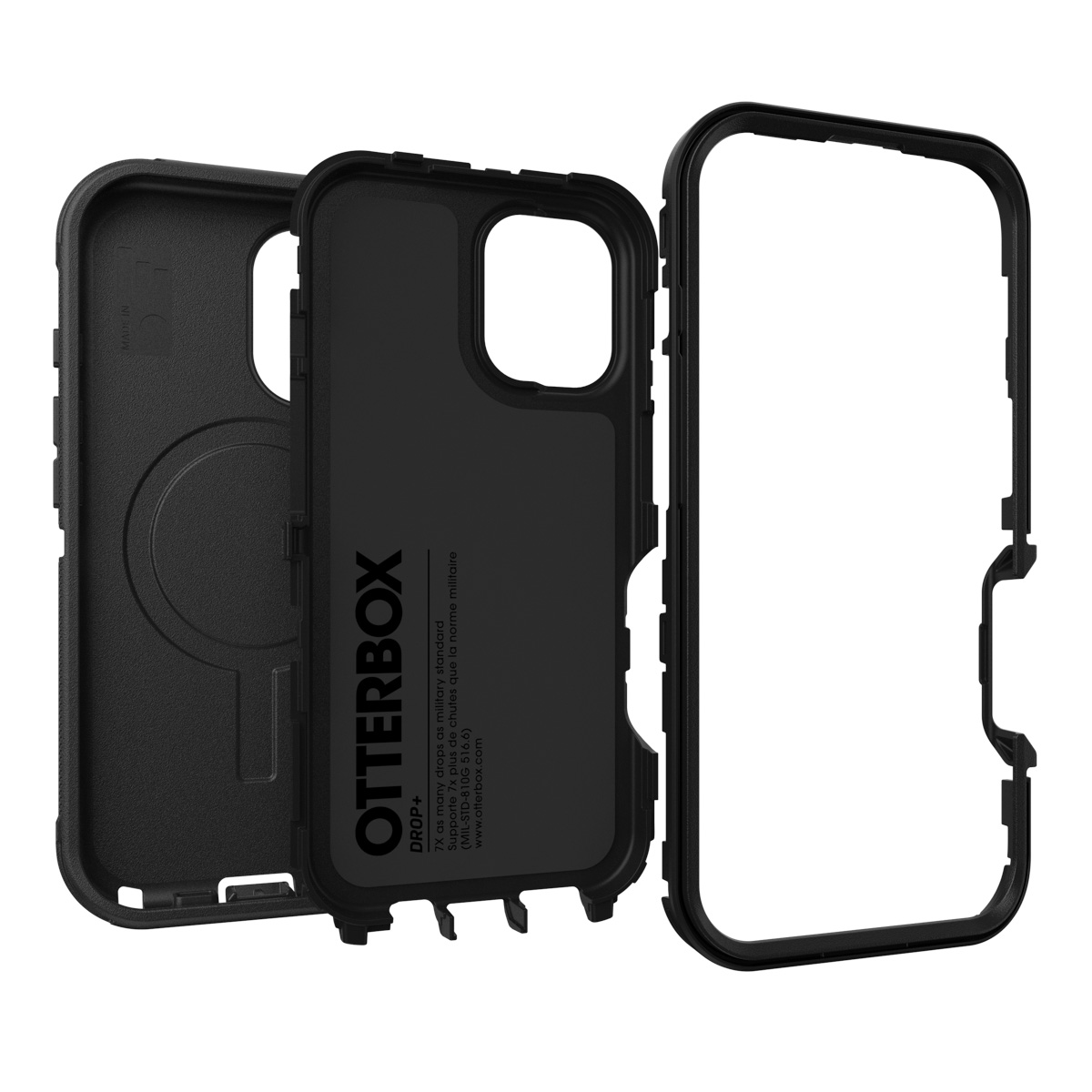 Zwarte telefoonhoes in drie delen. Merk Otterbox. Toont de binnenkant en het frame.