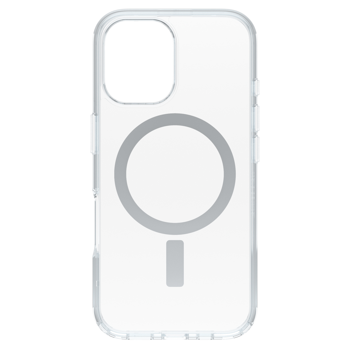 Transparente Handyhülle mit kreisförmigem MagSafe-Design. Die Hülle ist transparent mit weißem Kreis.