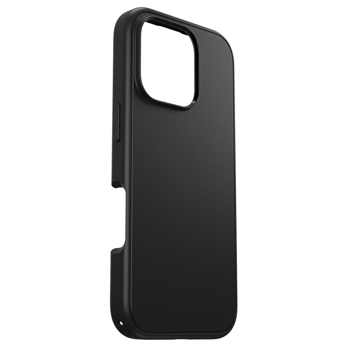 Une coque de téléphone noire avec une finition mate simple, inclinée pour l'affichage.