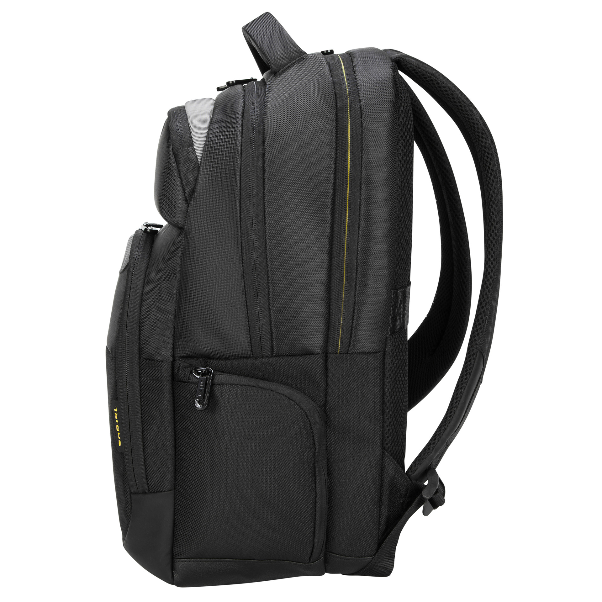 Un sac à dos noir avec des poches latérales et une bande jaune. Le logo Targus est visible. Fond blanc.