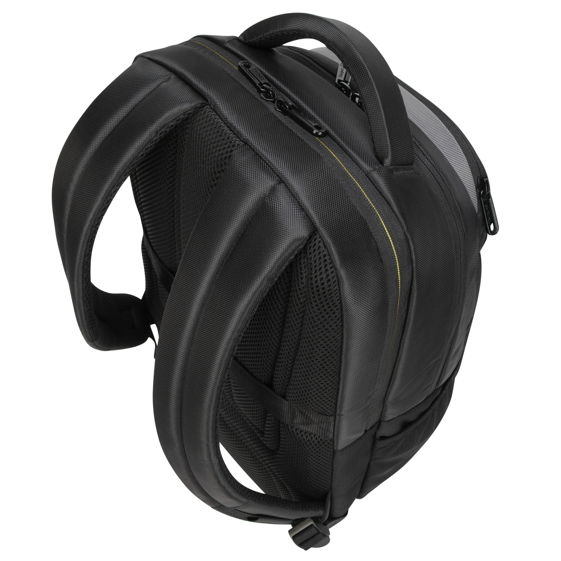 Un sac à dos noir vu d'en haut. Il a plusieurs compartiments et une poignée.