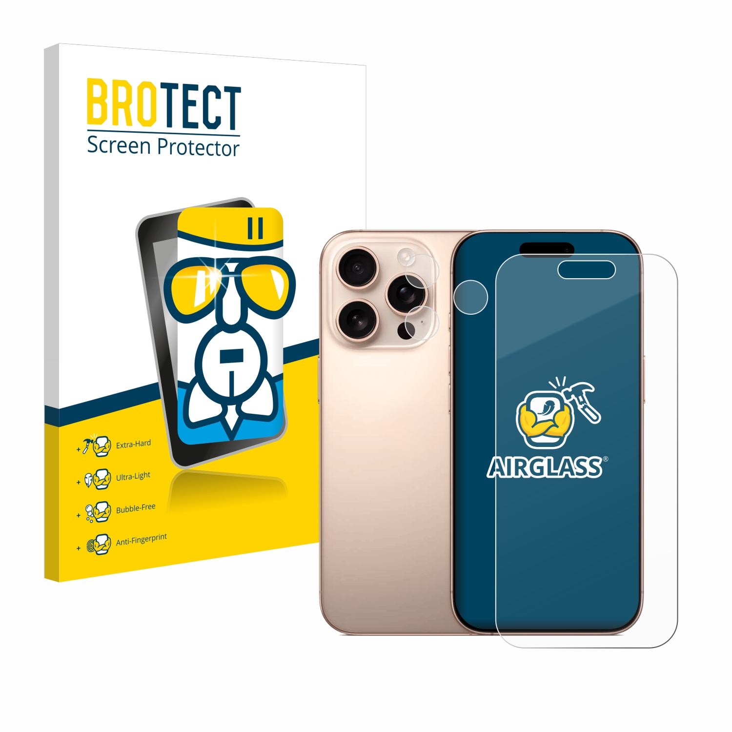 Telefon mit Displayschutz und Box. Box mit 'BROTECT Screen Protector'.