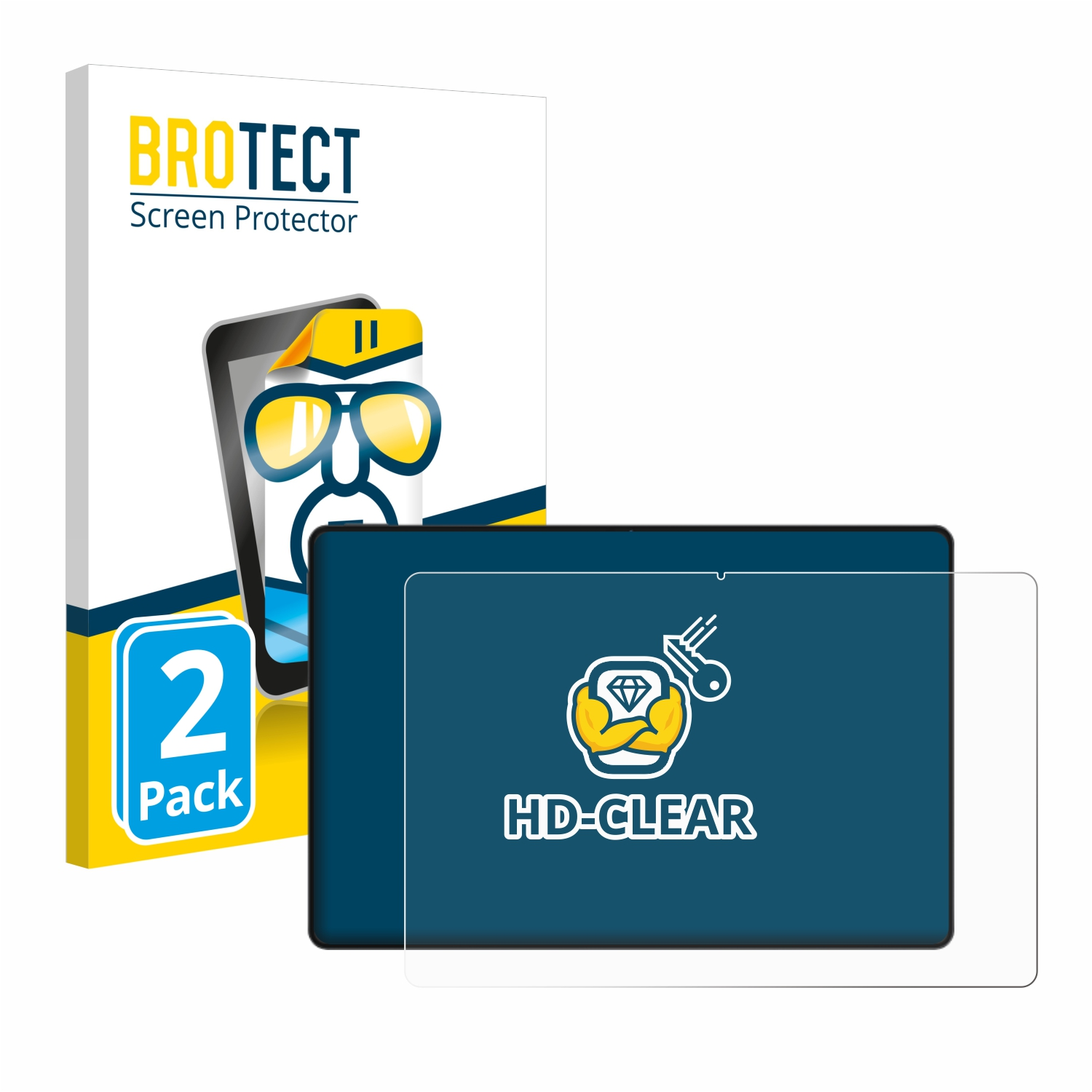 Schutzfolienbox und ein Tablet mit Schutzfolie, mit dem Text 'HD-CLEAR'.