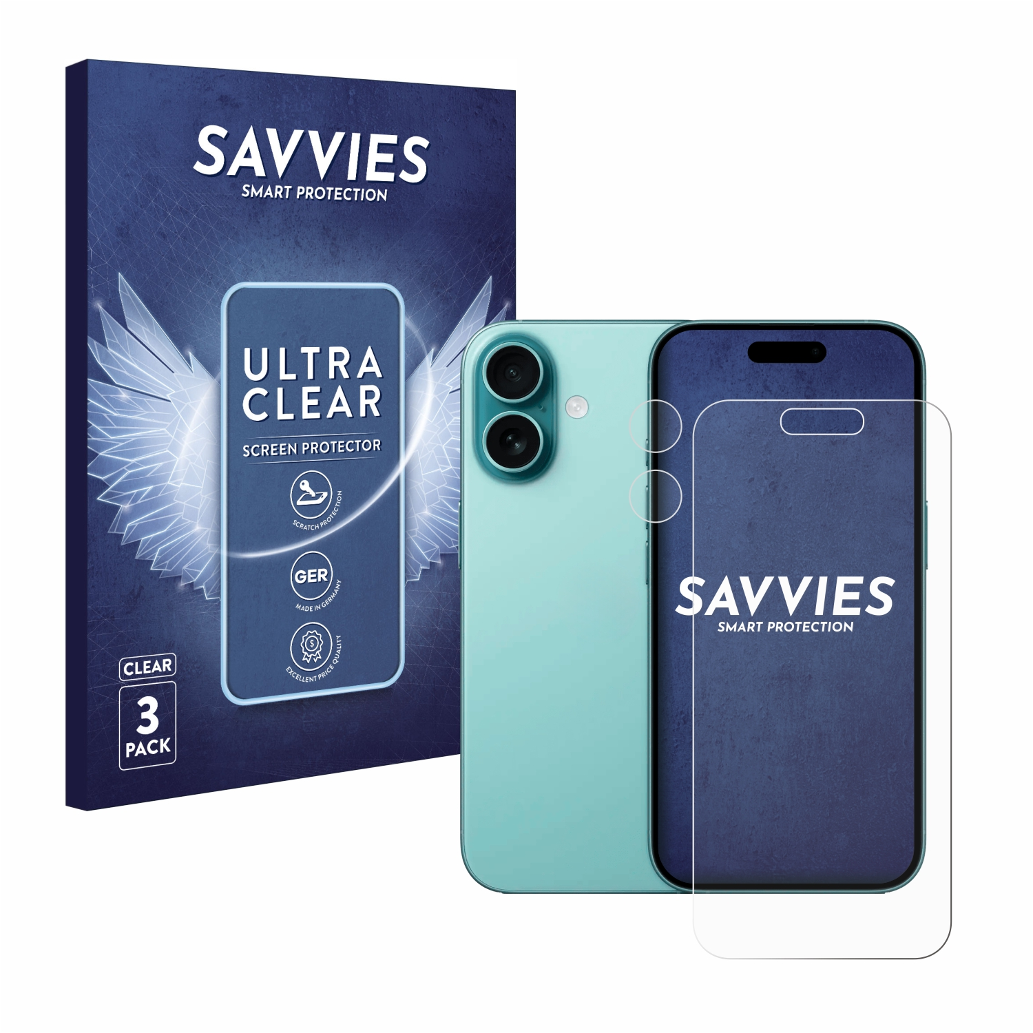 Ein Telefon, ein Displayschutz und eine Box. Telefon ist hellgrün. Box sagt 'SAVVIES'.
