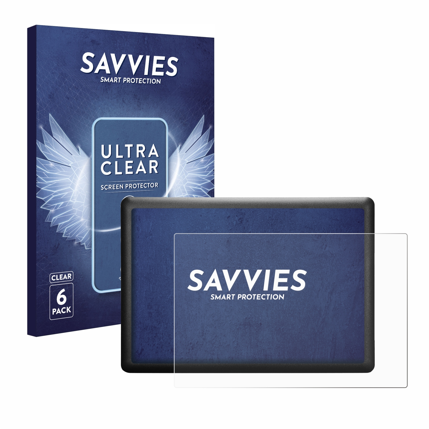 Klares Displayschutzfolien-Paket mit Tablet-Illustration auf blauem Hintergrund.