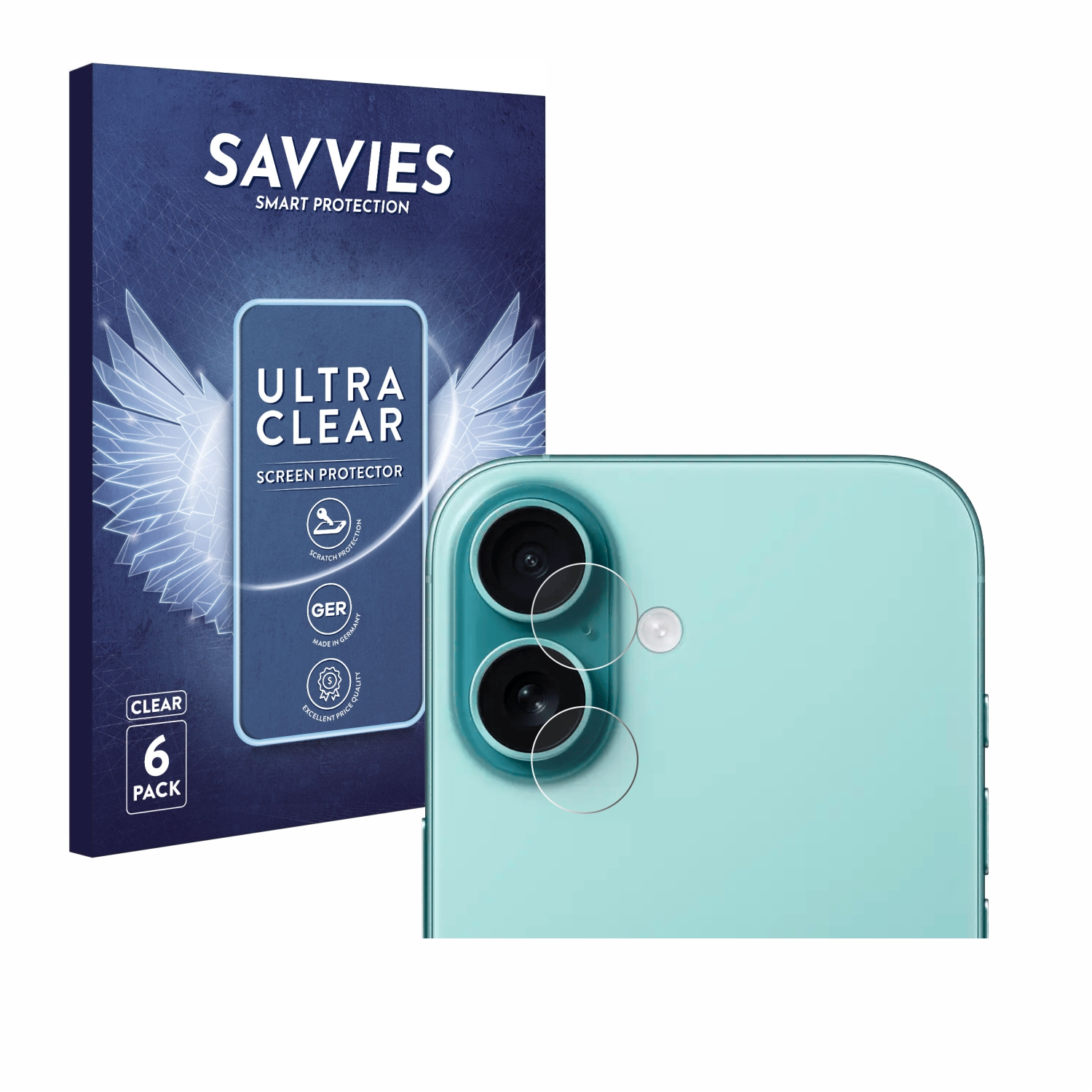 Rückseite eines türkisfarbenen Telefons mit Kameralinsen und einer Displayschutzpackung. Packung enthält 6 Stück.