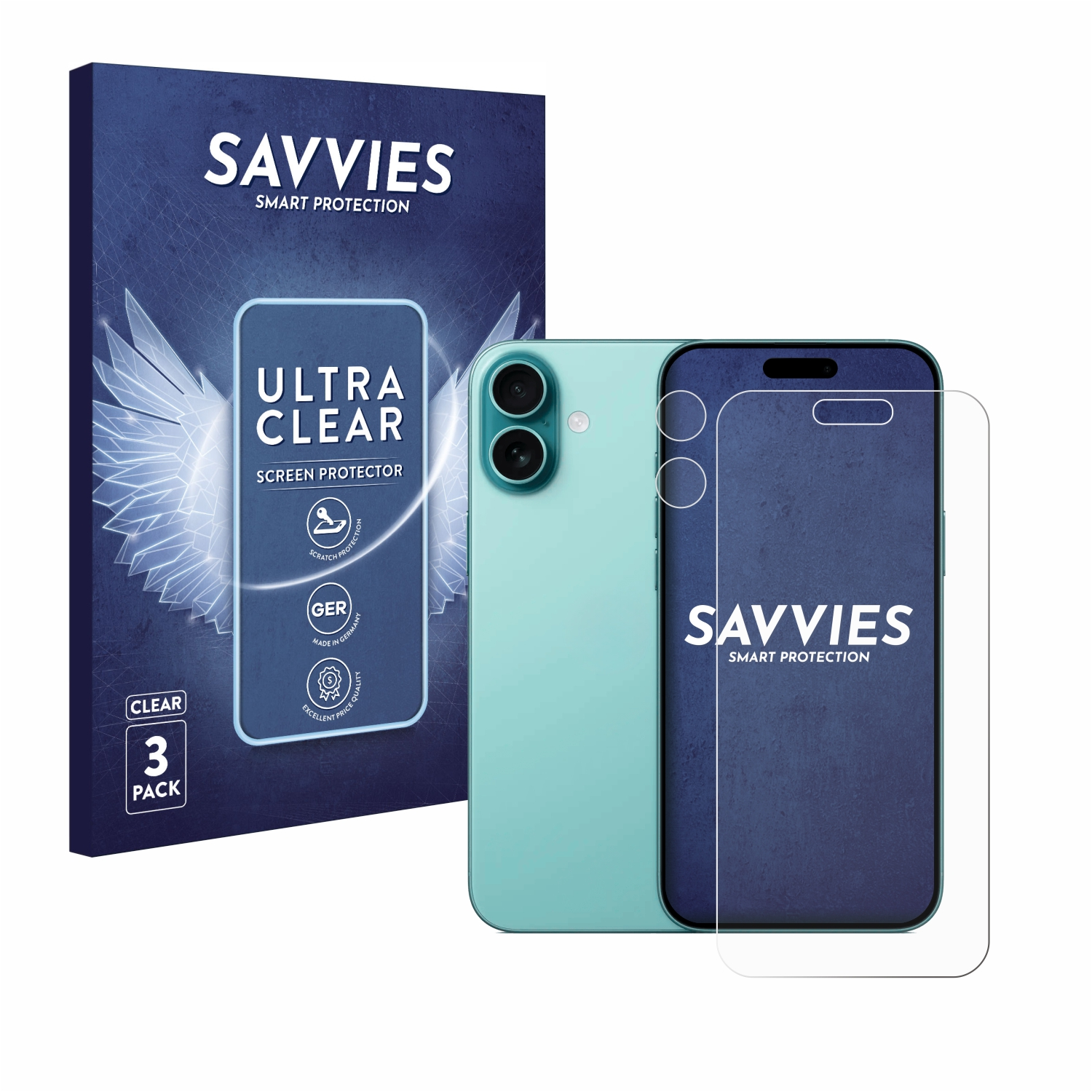 Ein Telefon mit Displayschutz, ein Telefon und eine Schachtel. Auf der Schachtel steht 'SAVVIES' und 'Ultra Clear'.