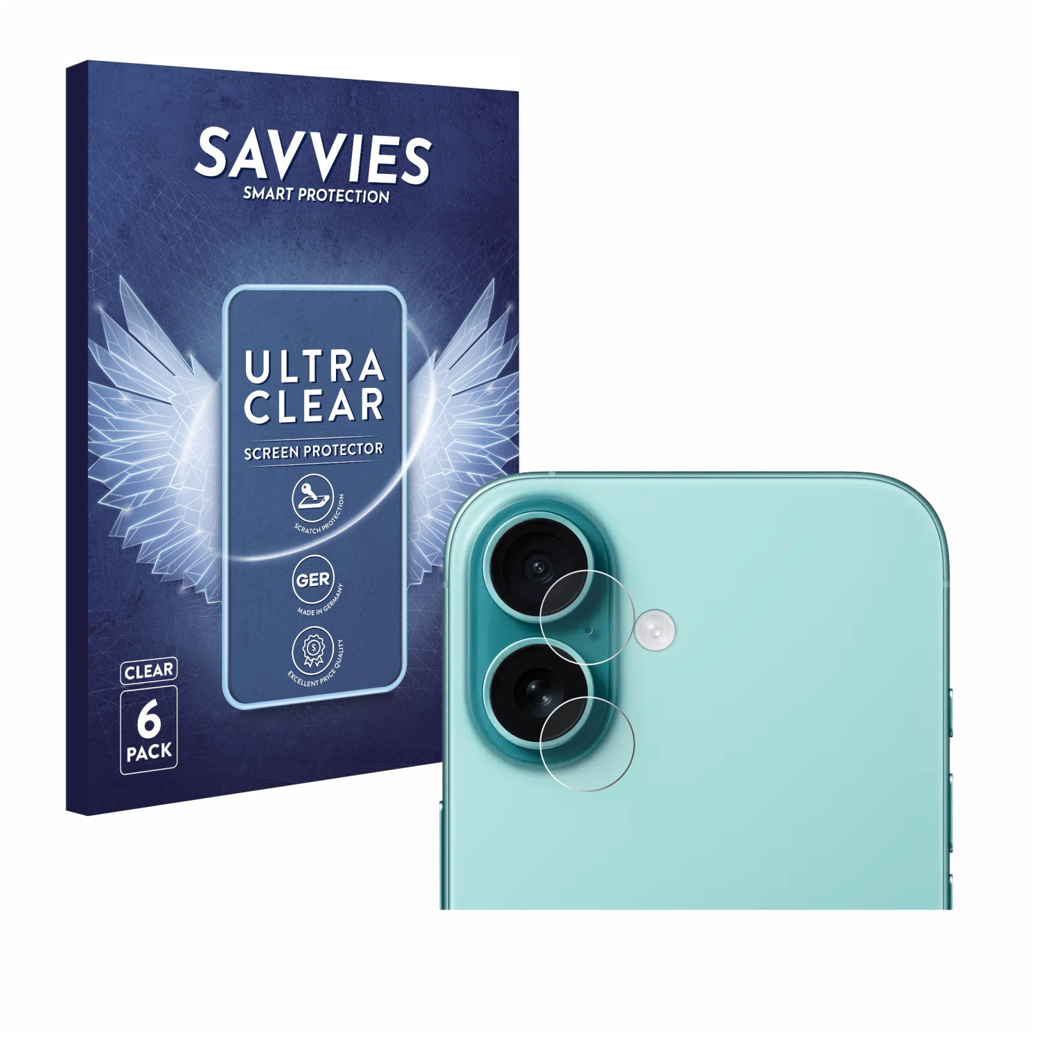 Eine blaue Schachtel mit Displayschutzfolie und einem türkisfarbenen Telefon mit Kameraringen.