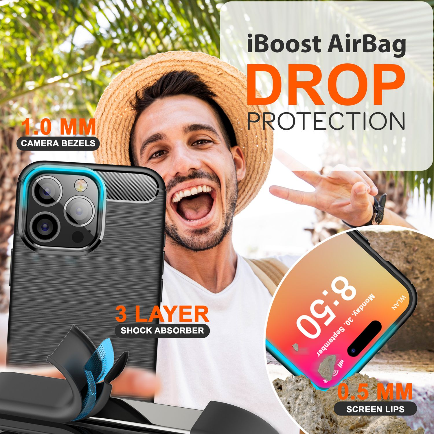 Una persona sosteniendo un teléfono con una funda. Una funda con protector de pantalla.