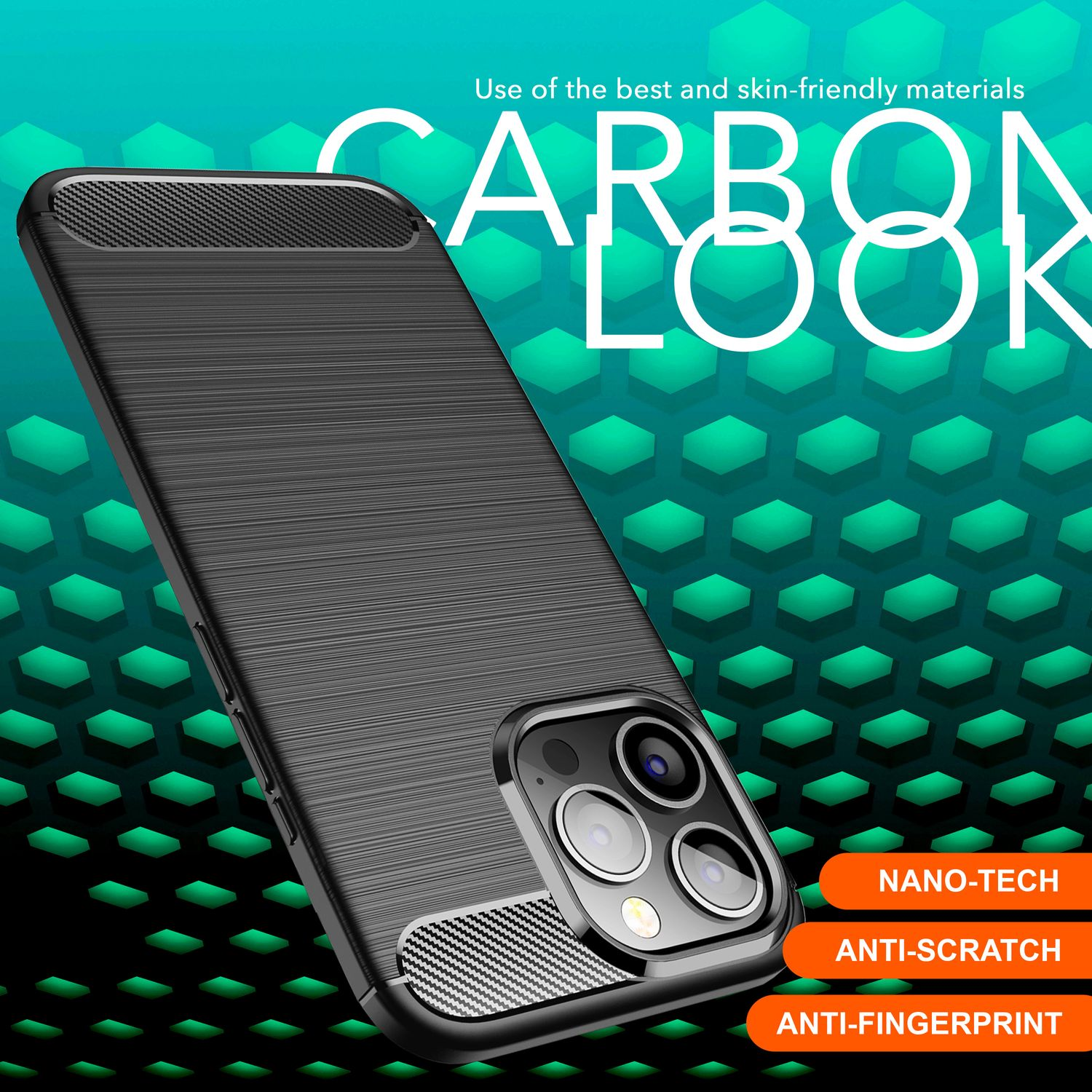 Funda negra para teléfono con aspecto de fibra de carbono. Tiene un recorte para la cámara y el texto 'CARBON LOOK'.