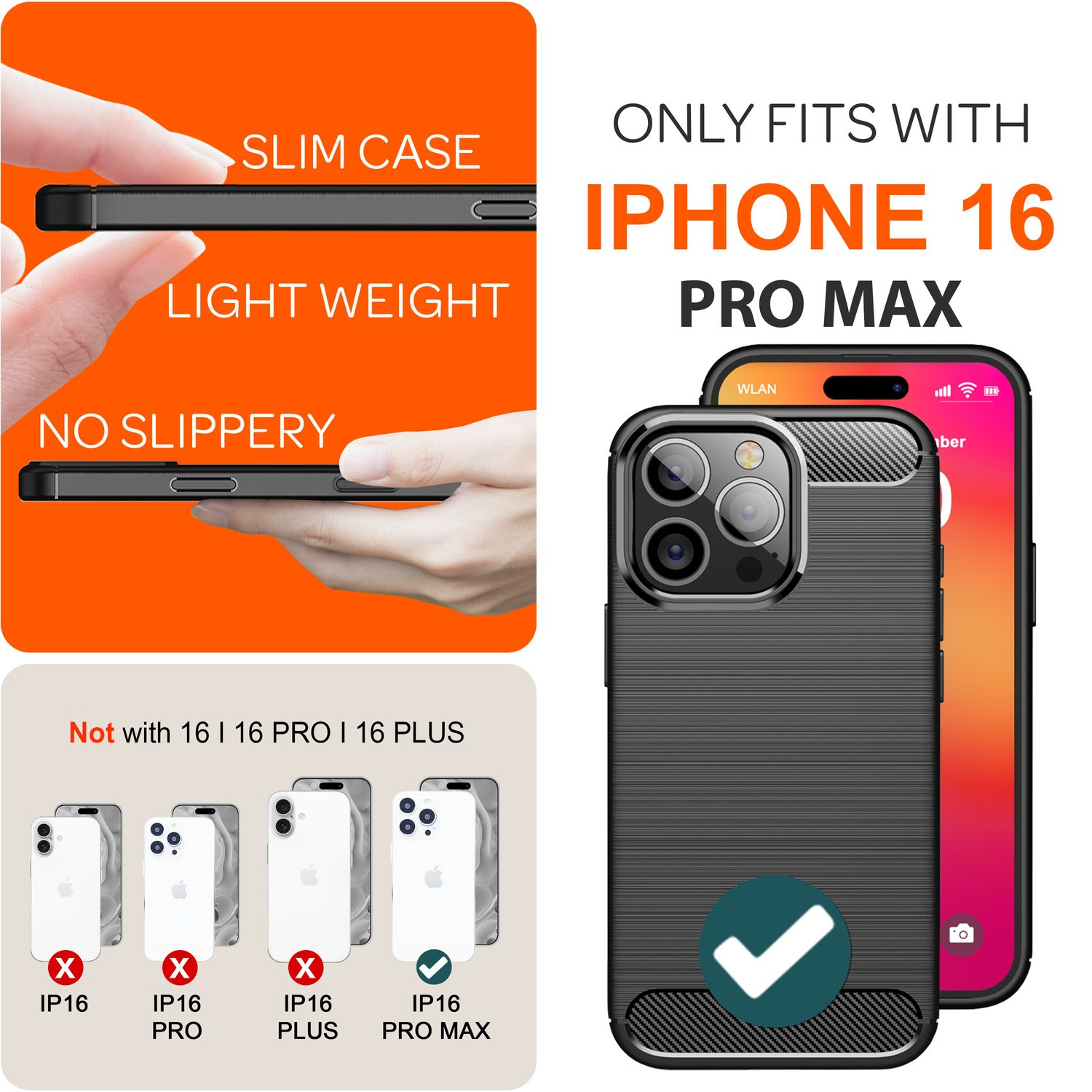 Funda para iPhone 16 Pro Max, negra, delgada, ligera, antideslizante. Solo compatible con iPhone 16 Pro Max.