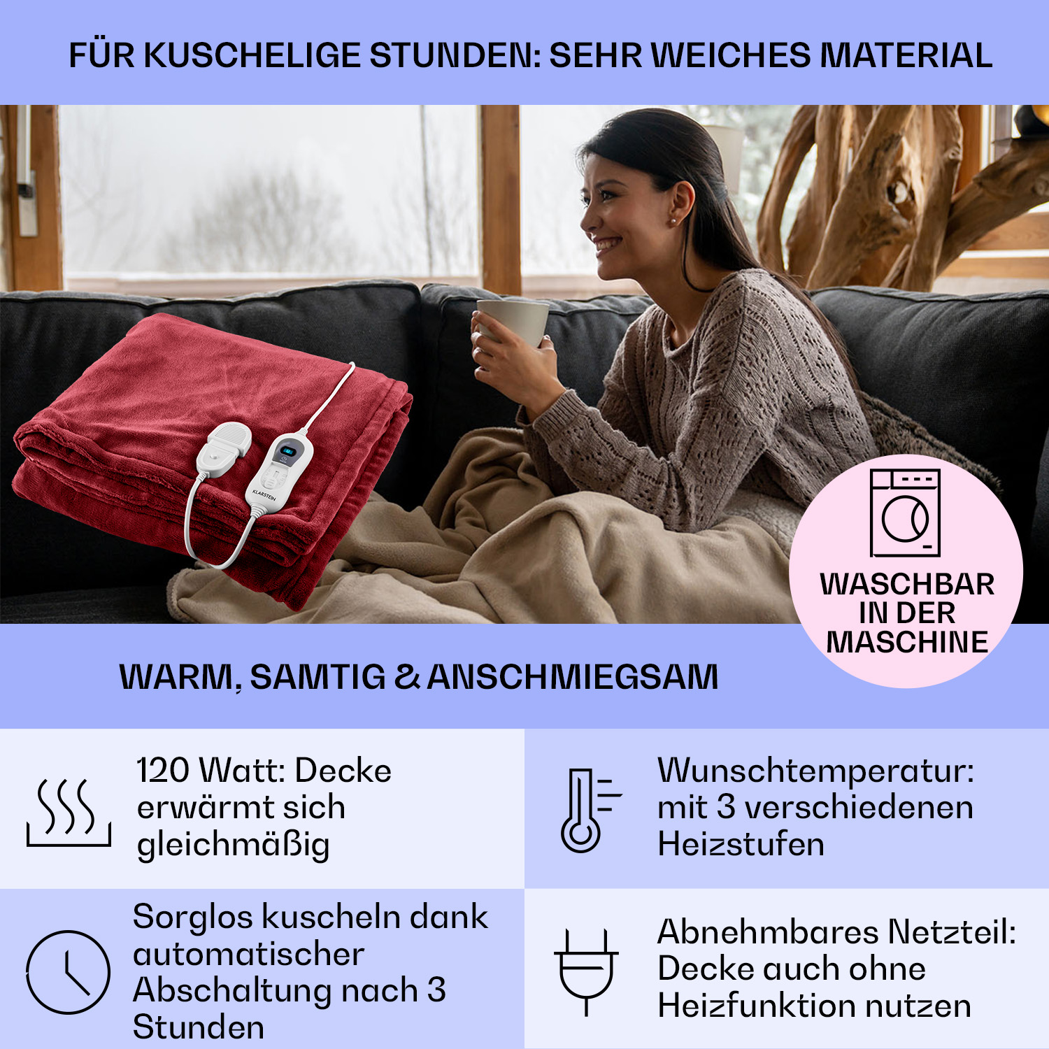 Eine Frau auf einer Couch mit einer roten Decke. Text weist auf Waschbarkeit hin.