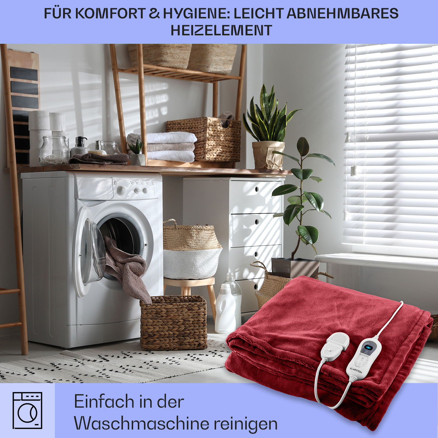 Waschküche mit Waschmaschine, roter Decke und Regalen mit Körben und Handtüchern.