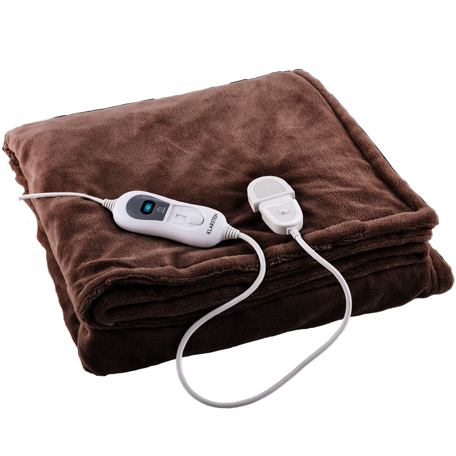 Braune elektrische Heizdecke mit Bedienfeld und Netzkabel.