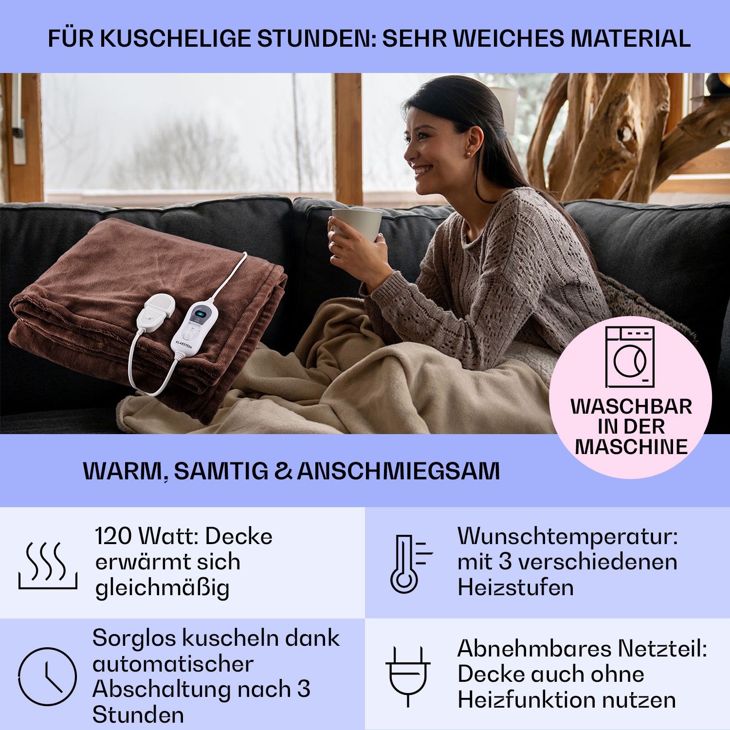 Eine Frau auf einem Sofa mit einer Decke. Text über die Decke wird auch angezeigt. Diagramm der Eigenschaften.