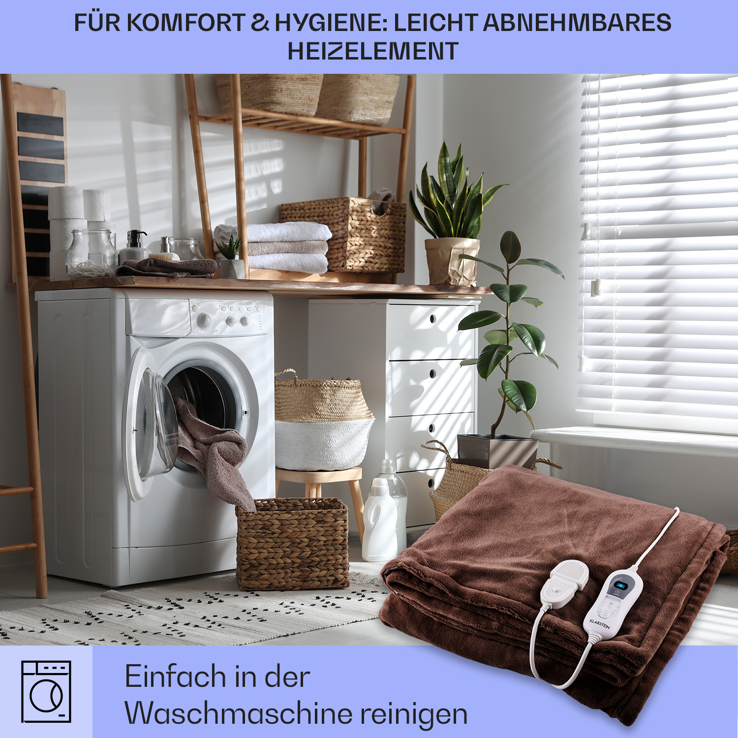 Waschmaschine mit Wäsche, braune Heizdecke, Regal mit Handtüchern und Körben.