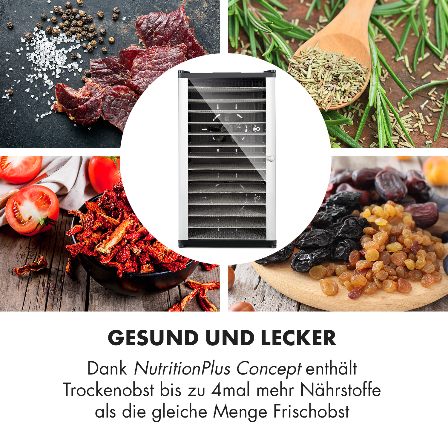 Essiccatore per alimenti con frutta/carne secca ed erbe in scomparti. Tavolo di legno.