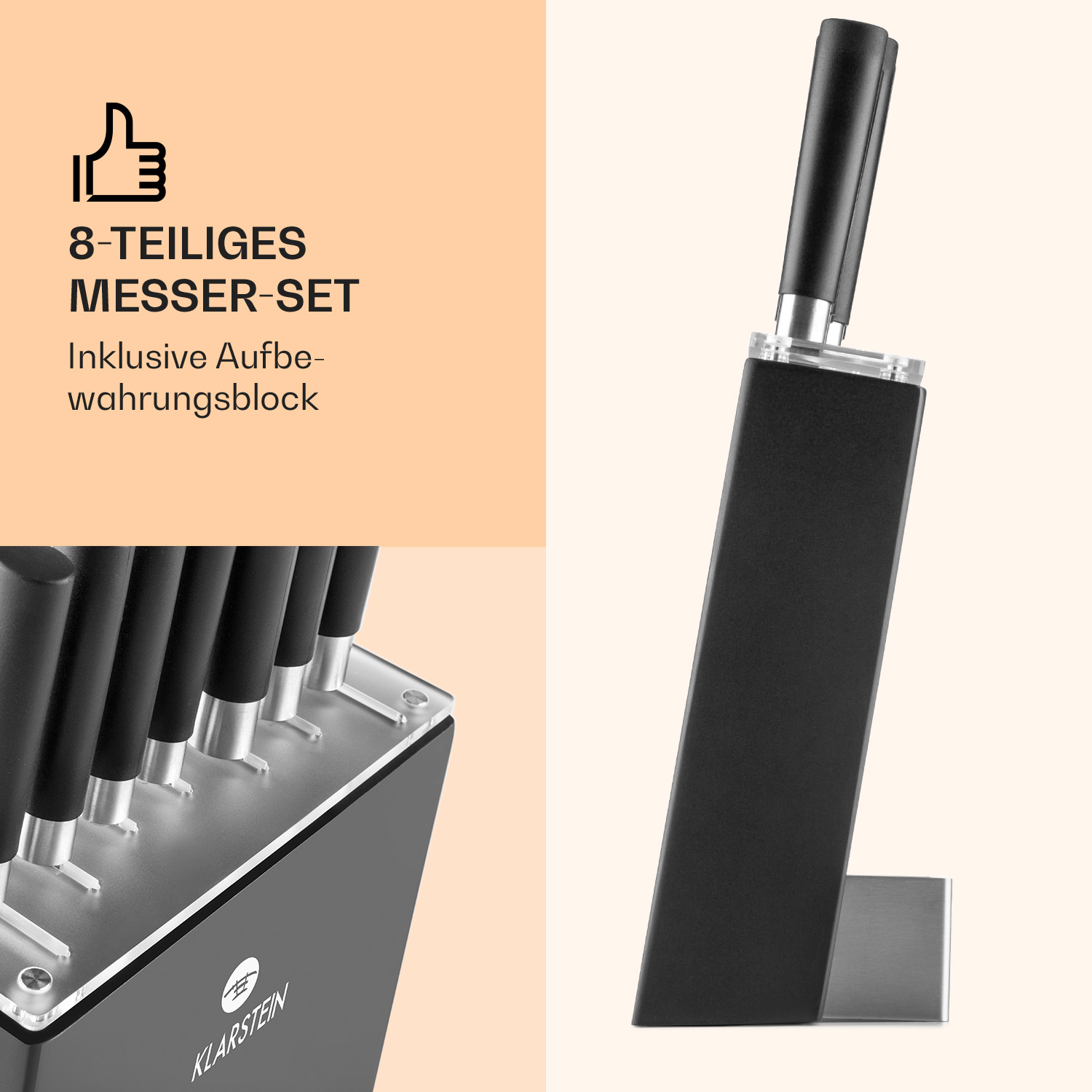 Ein schwarzes Messerset mit Aufbewahrungsblock. Messer haben schwarze Griffe und silberne Klingen.