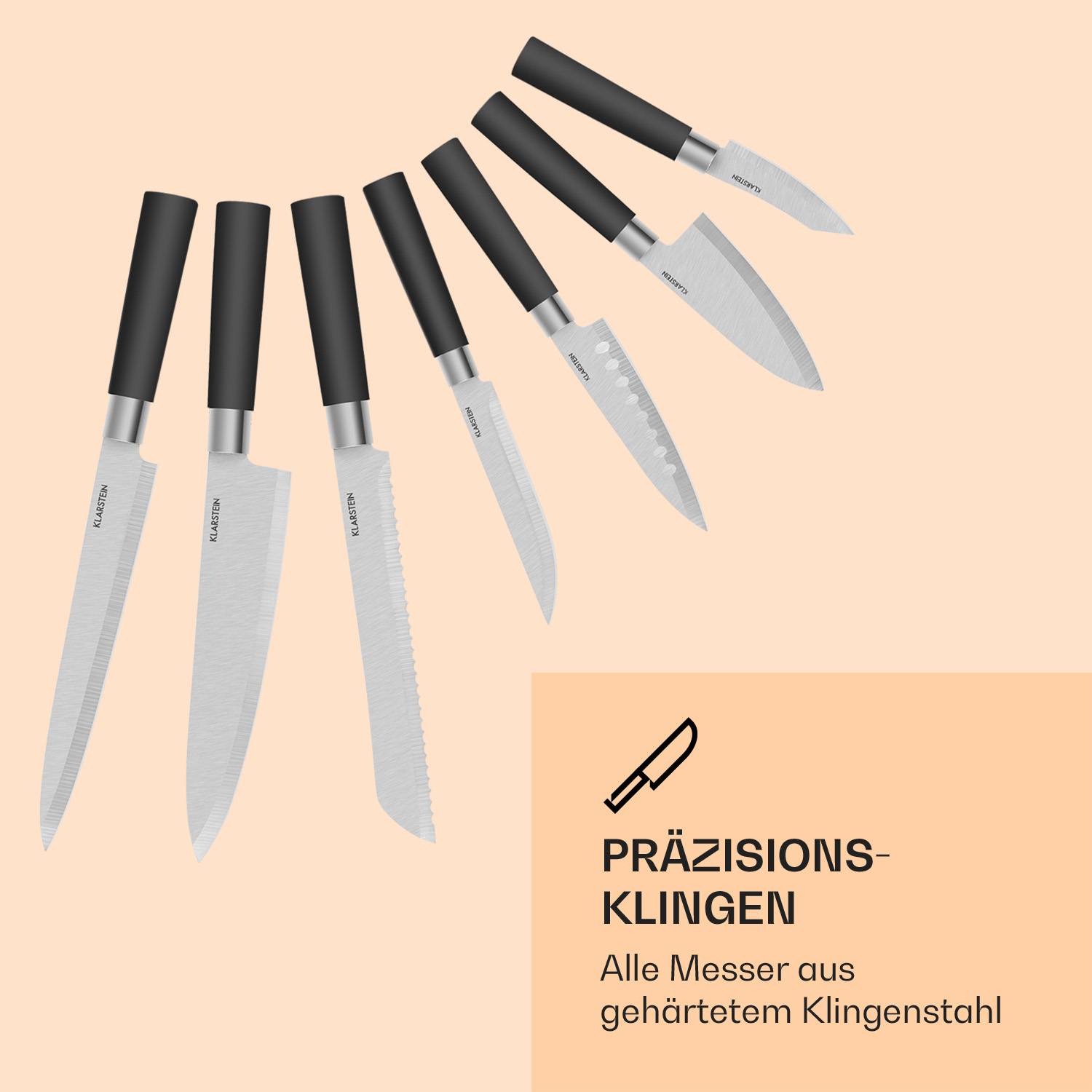 Messerset auf weißem Hintergrund mit Text über Präzisionsklingen.