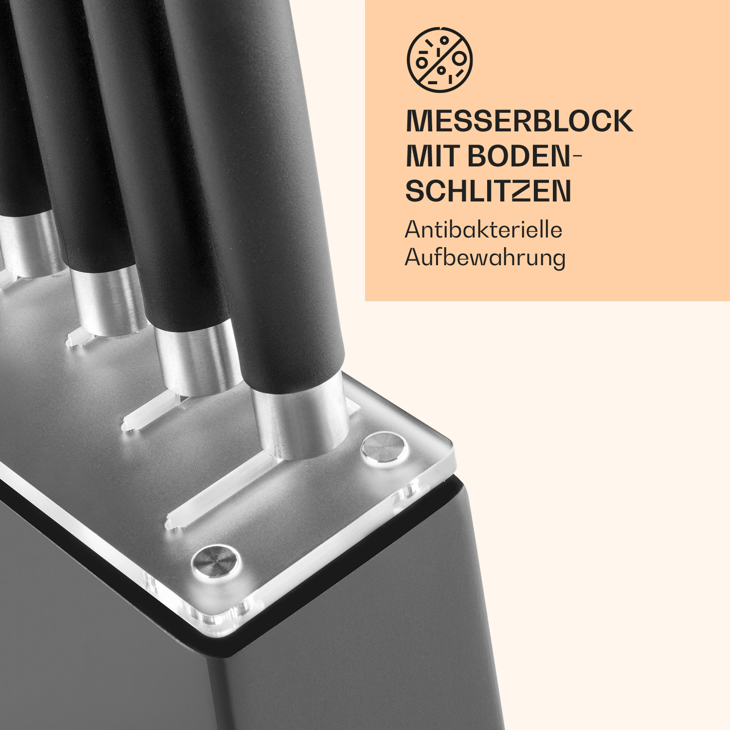 Messerblock mit Messern. Text auf Deutsch, der antibakterielle Aufbewahrung angibt.