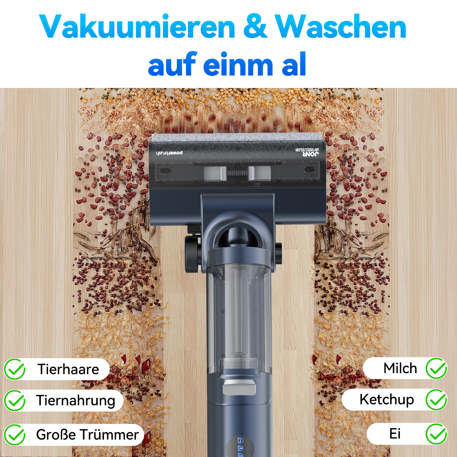 Głowica odkurzacza czyszcząca drewnianą podłogę. Tekst: Odkurzaj i myj jednocześnie, z kontrolami.