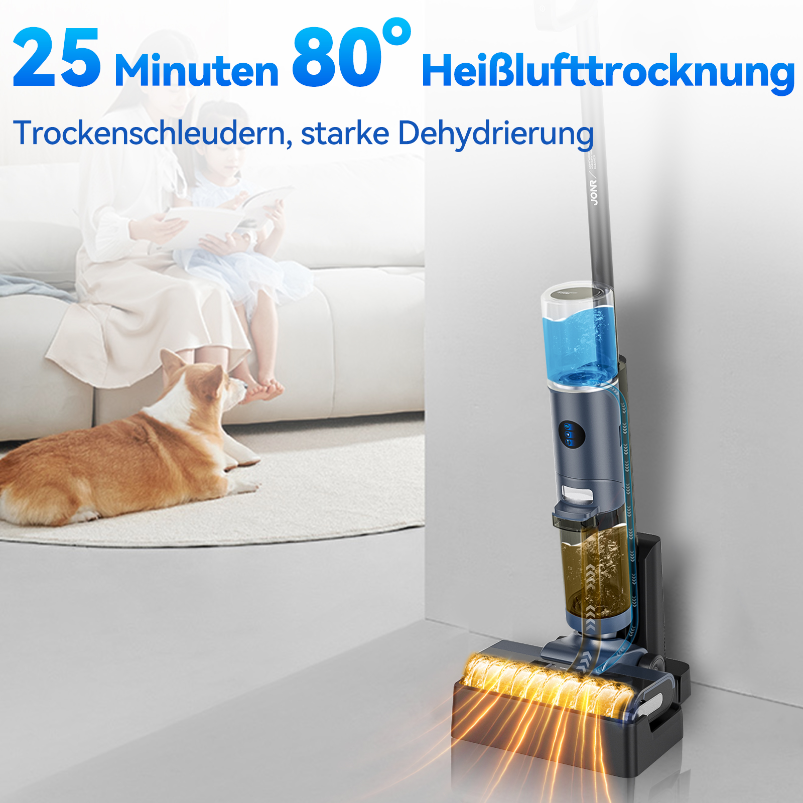 Kobieta czyta, podczas gdy odkurzacz suszy podłogę, pies odpoczywa, z tekstem o czasie suszenia.