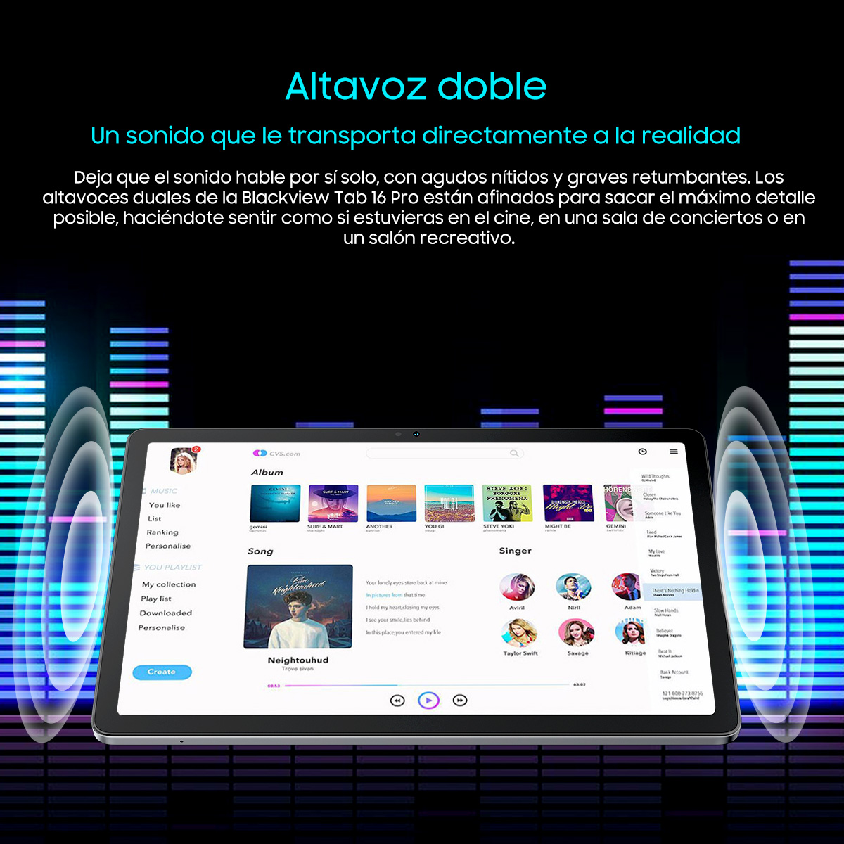 Una tableta que muestra una interfaz de aplicación de música, con altavoces que emiten ondas de sonido.
