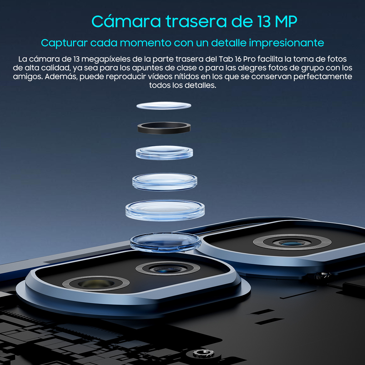 Imagen con texto: Detalles de la cámara trasera de 13 MP con componentes de lentes.