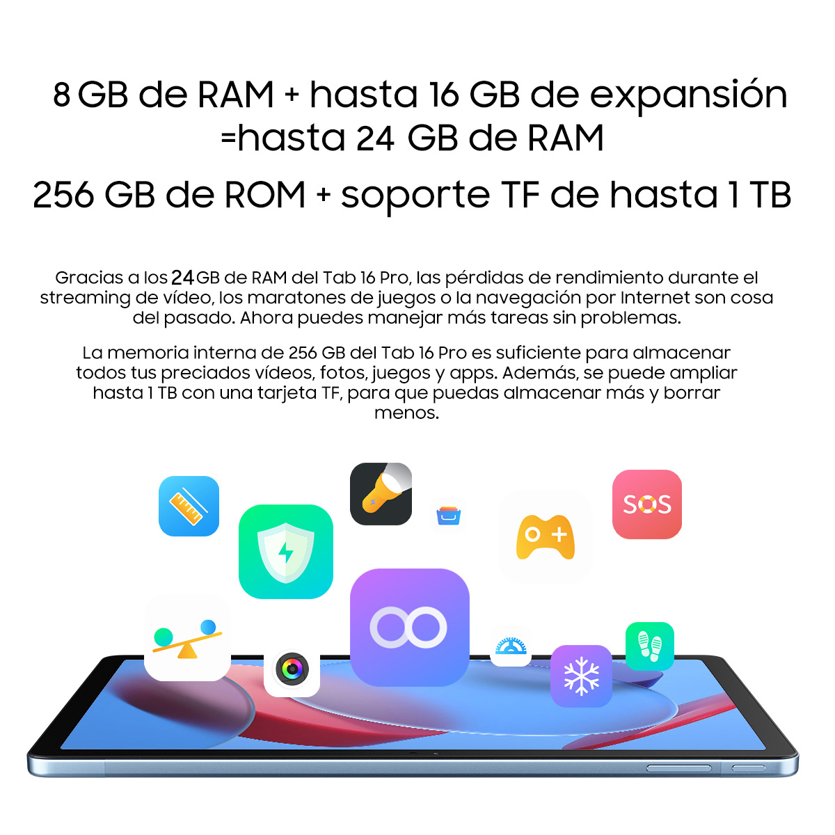 Una tableta mostrando texto sobre RAM y almacenamiento, con iconos de aplicaciones.